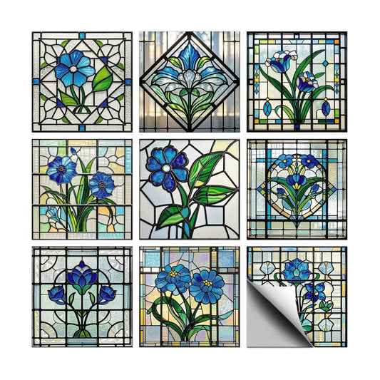 9 Style Wall Stickers Pattern Peel and Stick Wall Tile Sticker / Blue and White Flowers / Set of 36