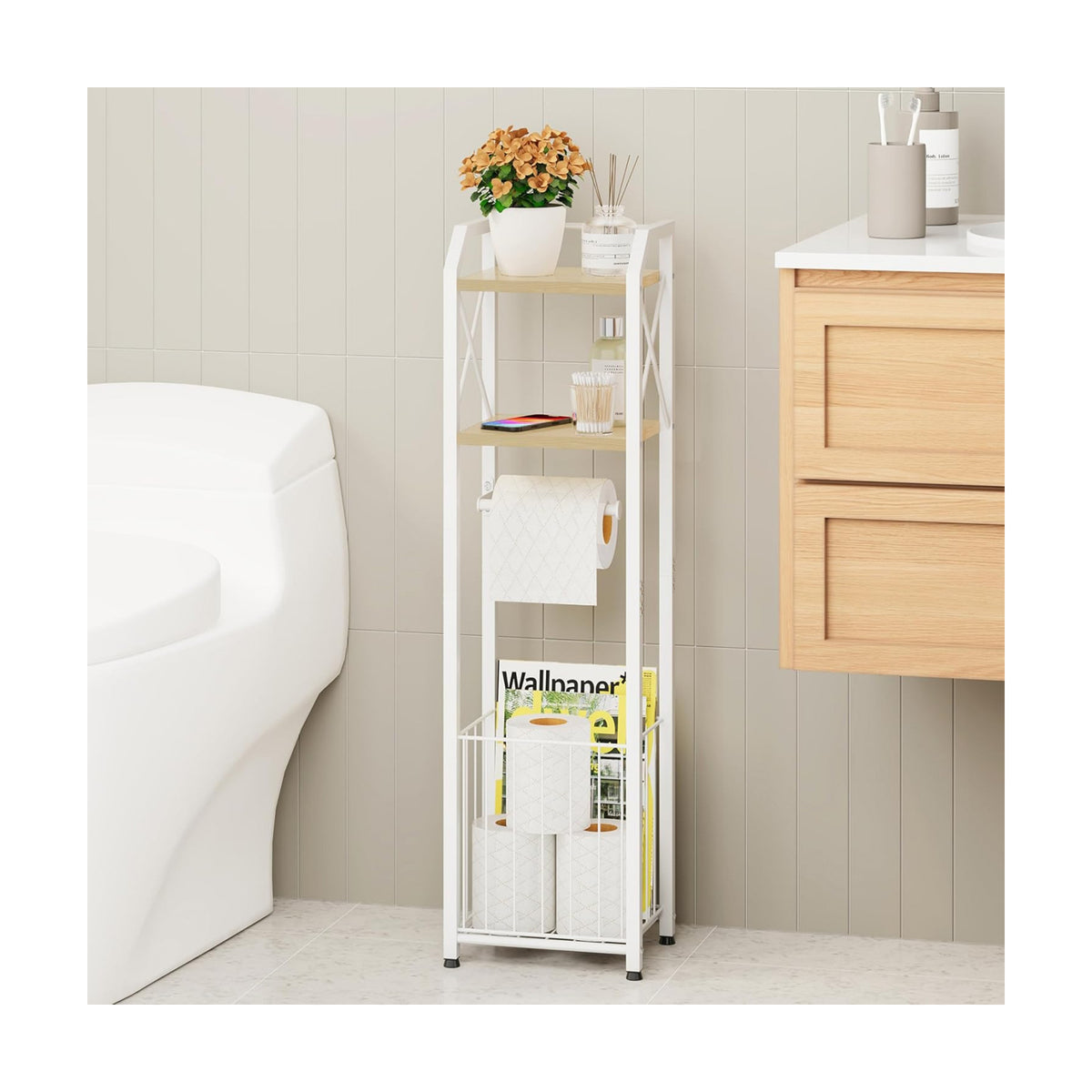 HapiRm Freestanding Toilet Paper Holder - 4-Tier Bathroom Tissue Organizer with Wood Shelves and Large Basket, Toilet