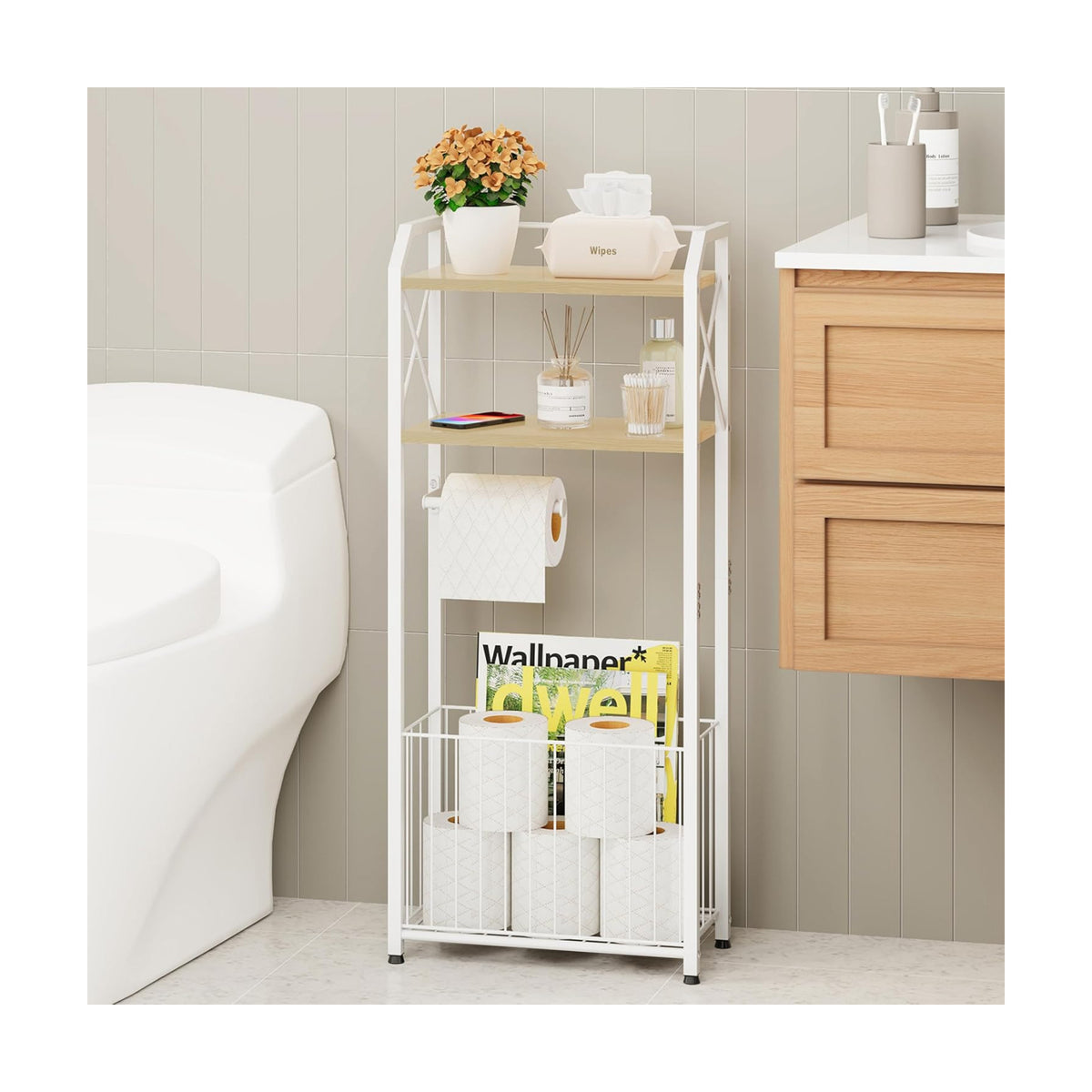 HapiRm Freestanding Toilet Paper Holder - 4-Tier Bathroom Tissue Organizer with Wood Shelves and Large Basket, Toilet