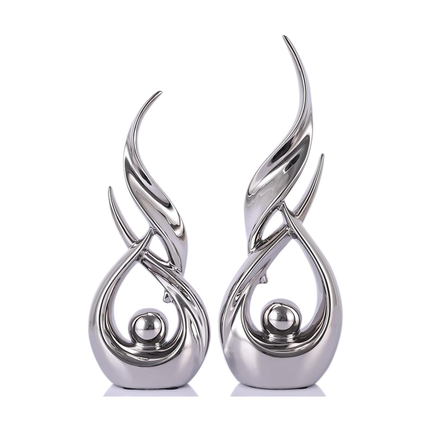 Ceramic Statues / Modern Abstract Art Sculptures / Silver / Set of 2
