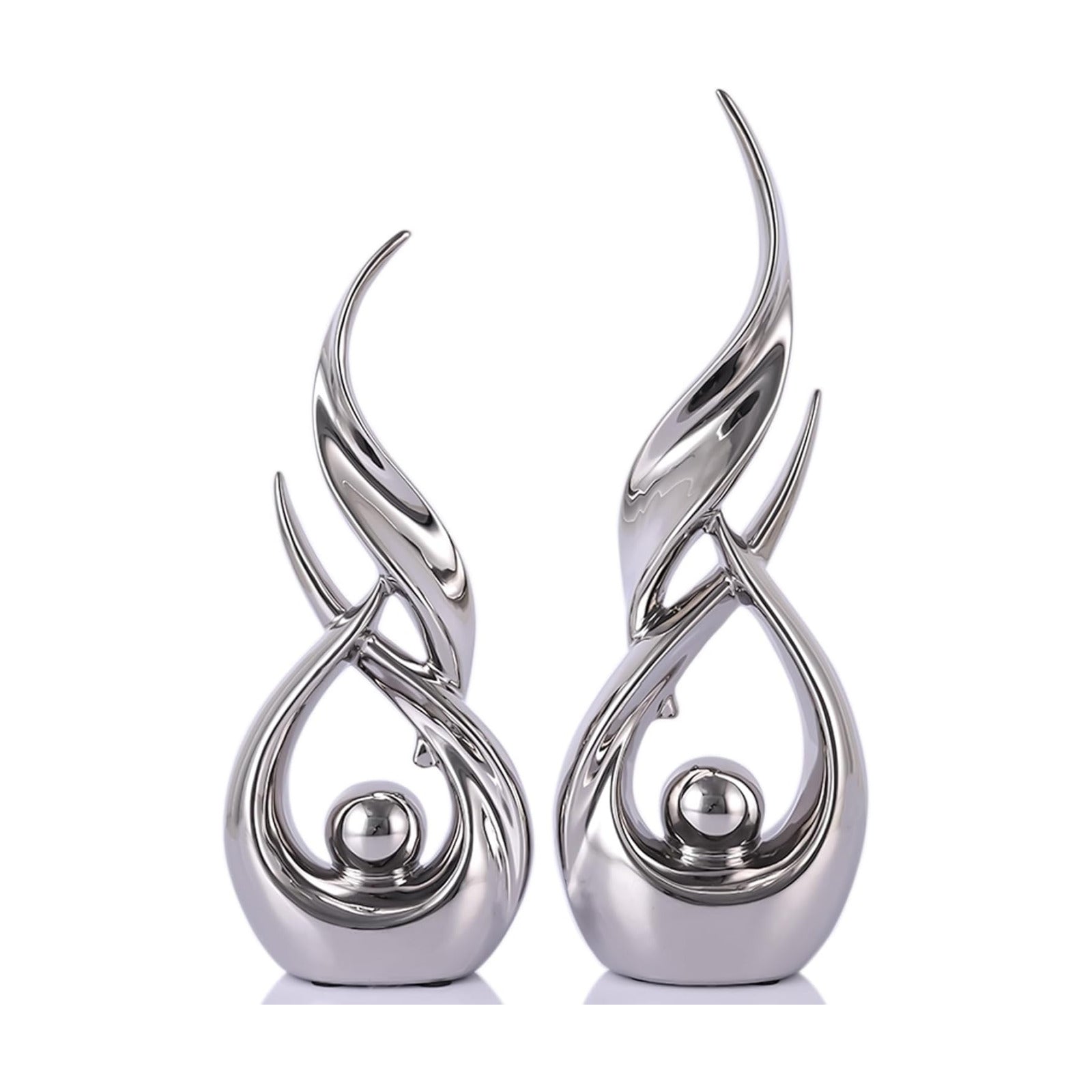 Ceramic Statues / Modern Abstract Art Sculptures / Silver / Set of 2