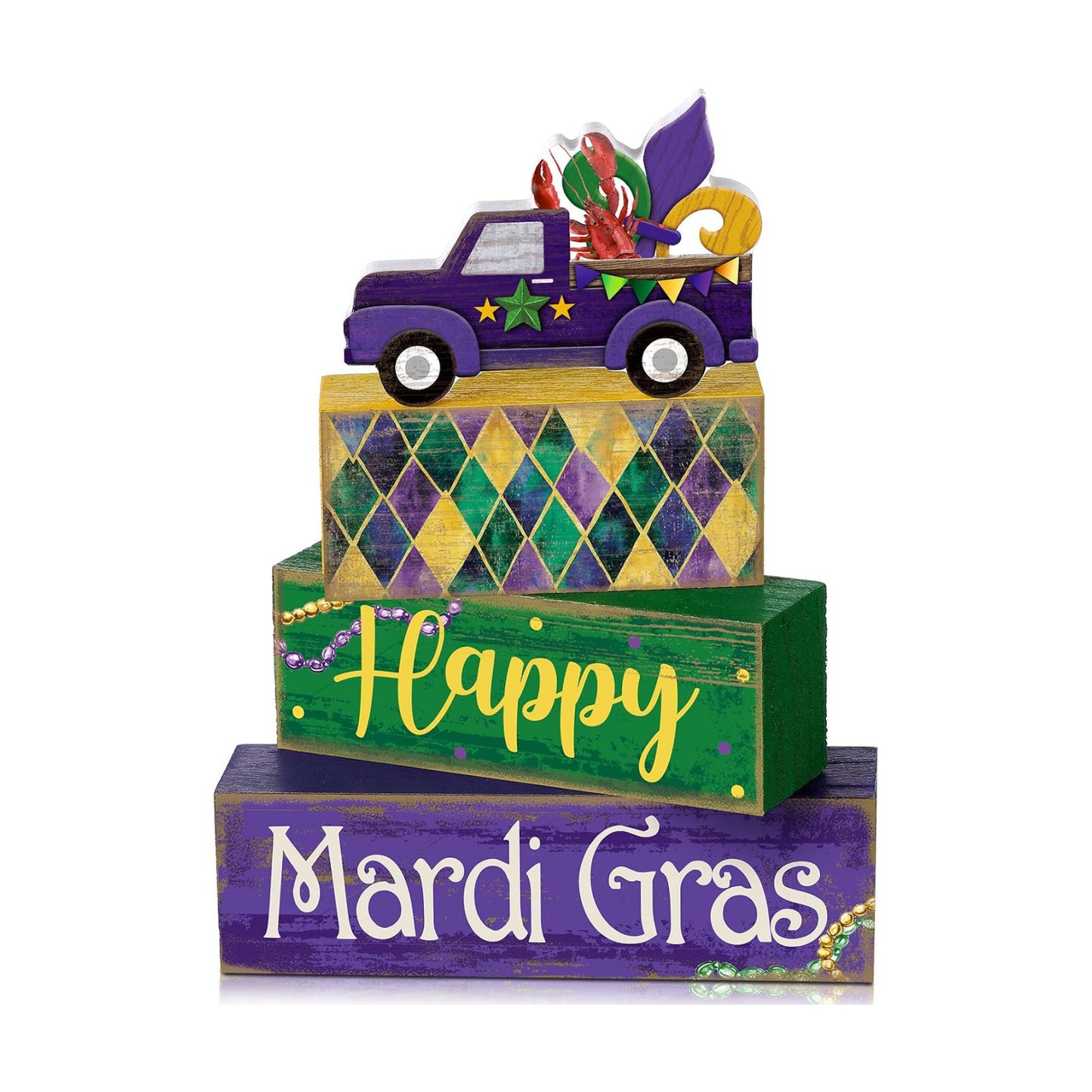 Lineshading 4 Pcs Mardi Gras Tiered Tray Decor Wooden Blocks, Truck