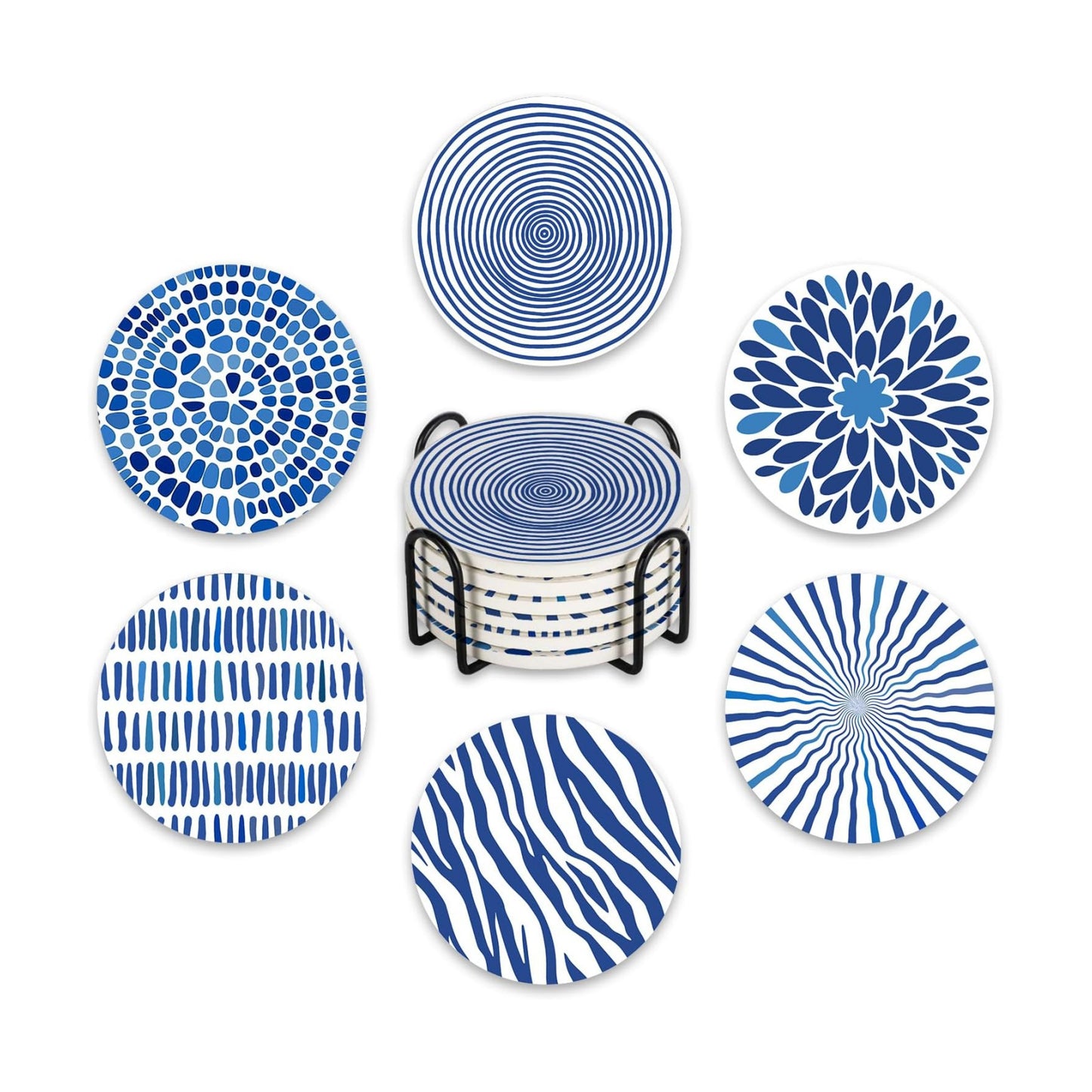 Holder / White Ceramic Coasters / Geometric / Blue / Set of 6