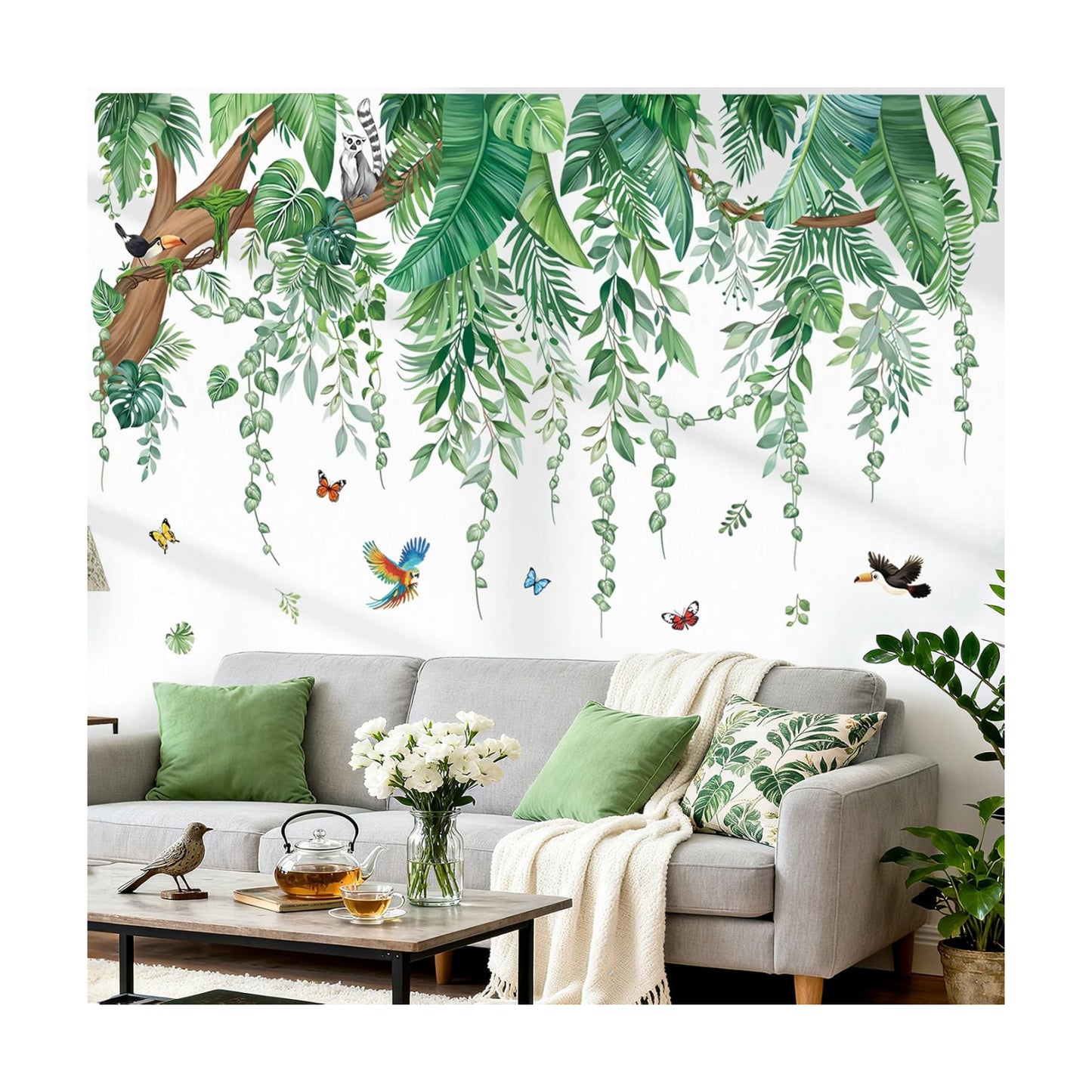 Large Tropical Leaves Wall Stickers Hanging Vines Palm Tree Peel and Stick Wall Art Decals / Green