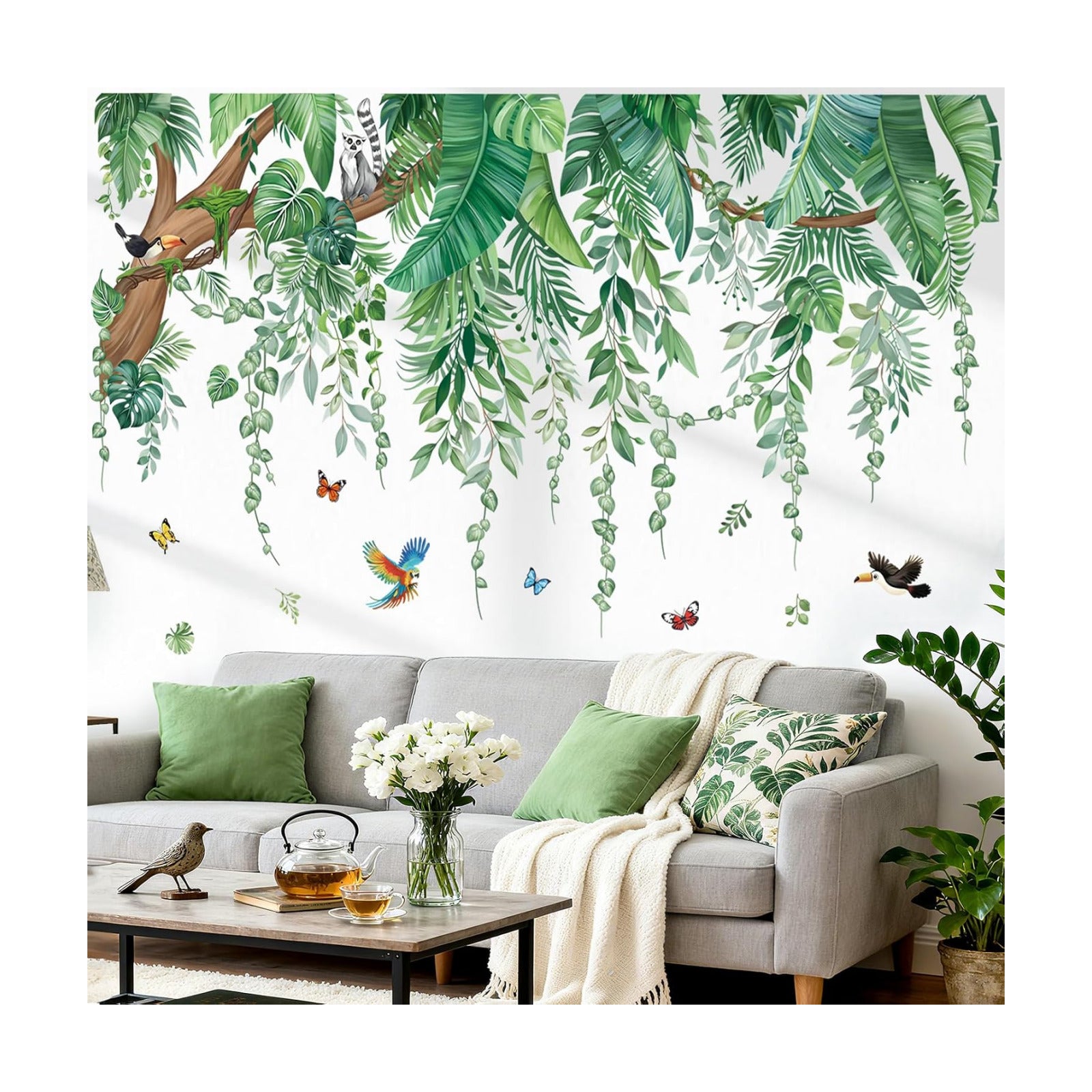 Large Tropical Leaves Wall Stickers Hanging Vines Palm Tree Peel and Stick Wall Art Decals / Green