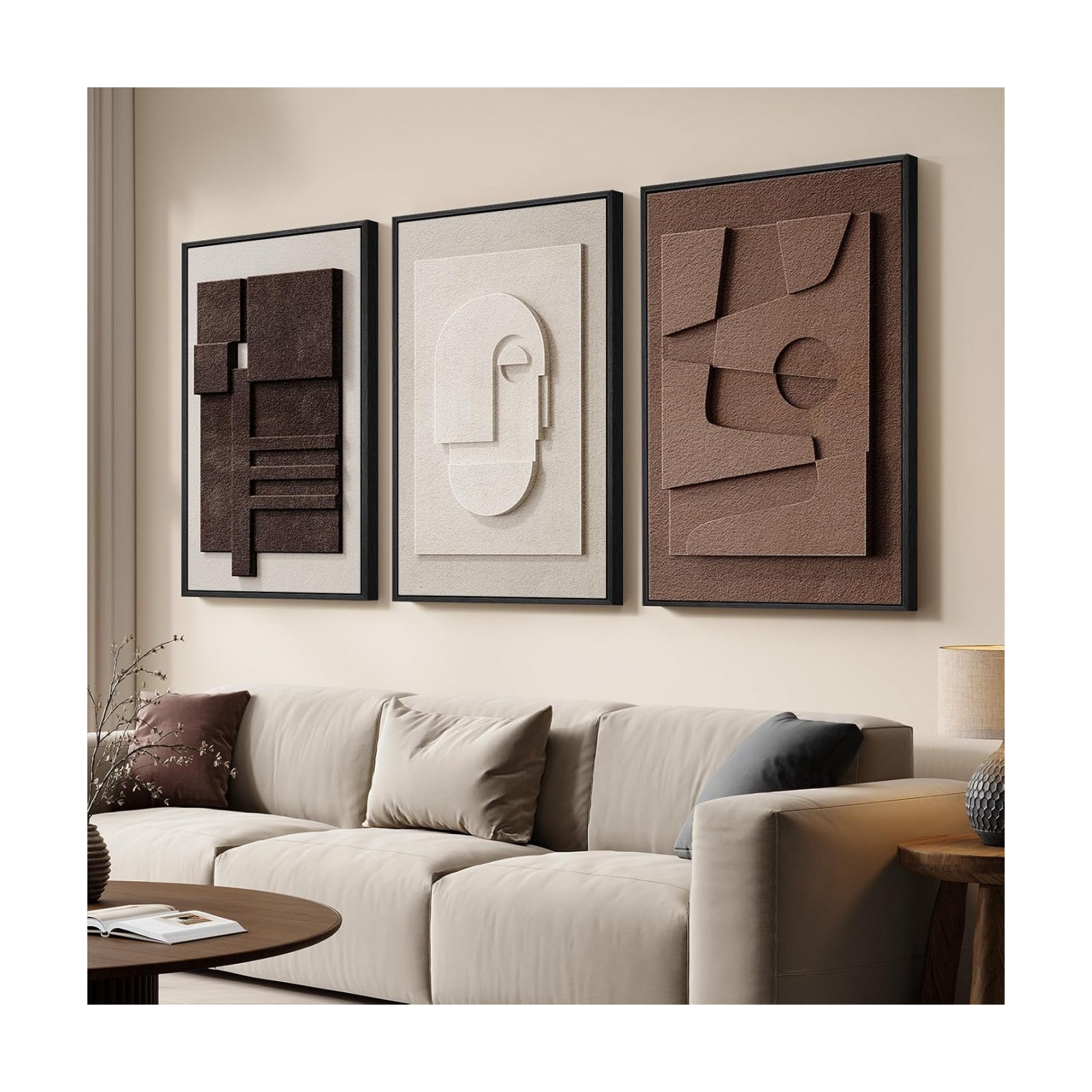 Large 3D Textured Framed Neutral Abstract Wall Art Set, 3 Piece, 20x30 In