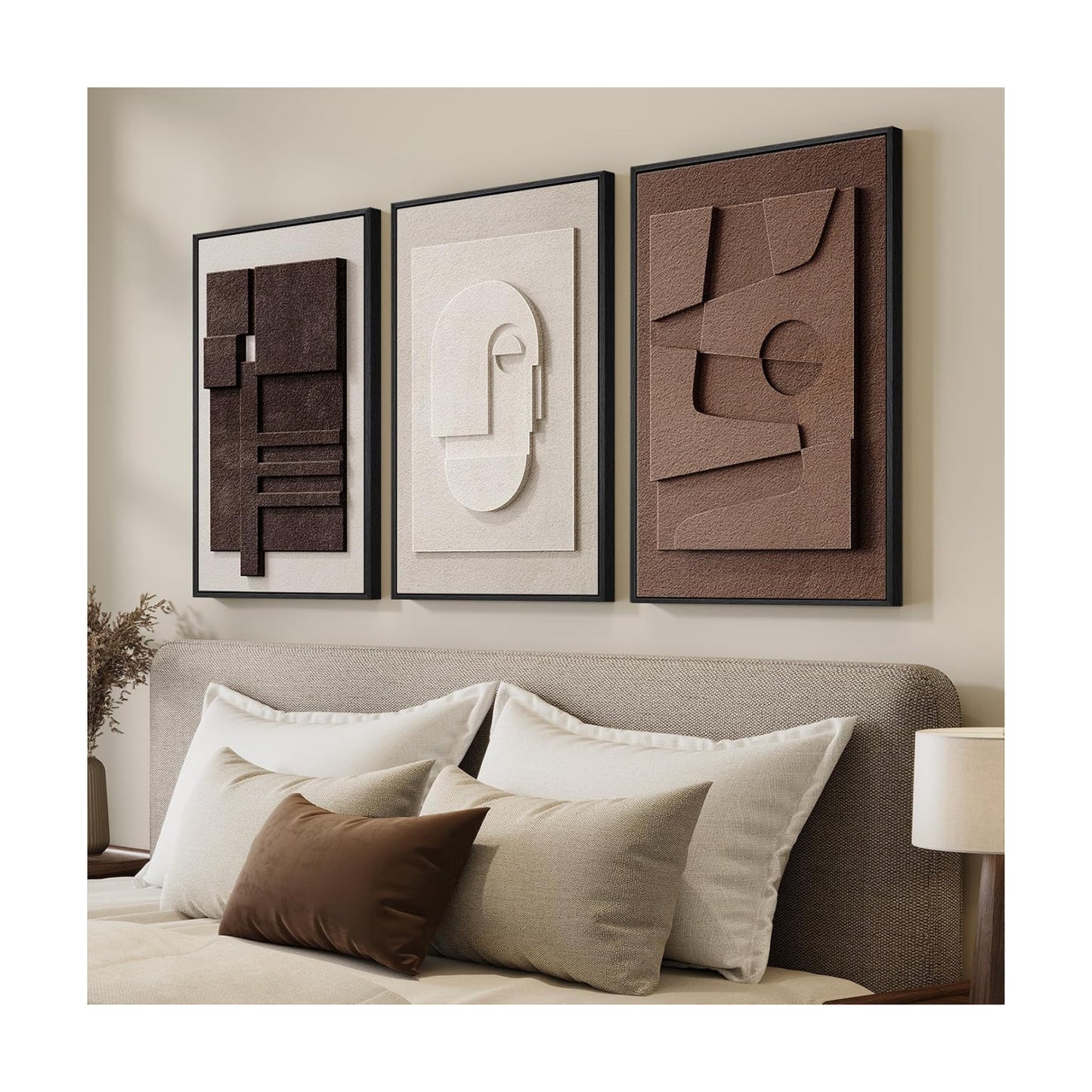 3D Textured Framed Brown and White Abstract Wall Art Set, 3 Piece 16x24 In