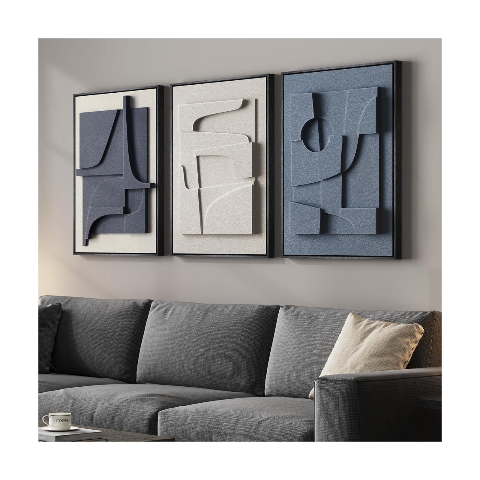 3D Textured Framed Blue and White Abstract Wall Art Set, 3 Piece, 16x24 In