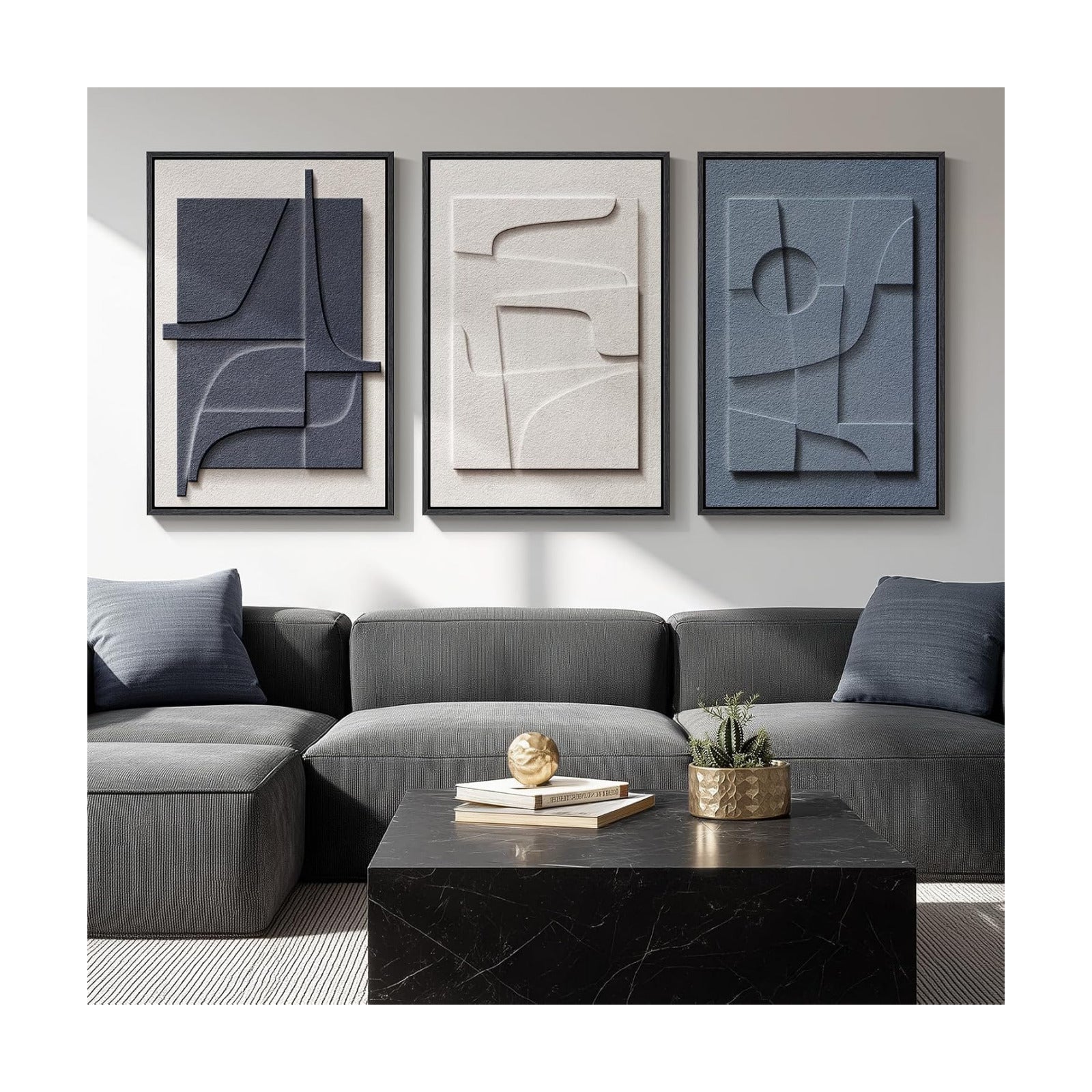 Large 3D Textured Framed Blue White Abstract Wall Art Set, 3 Piece 20x30 In