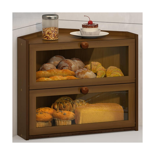 JANSNIMEN Corner Bread Box for Kitchen Countertop Bamboo Bread Holder Large | Large Capacity Bread Container Storage