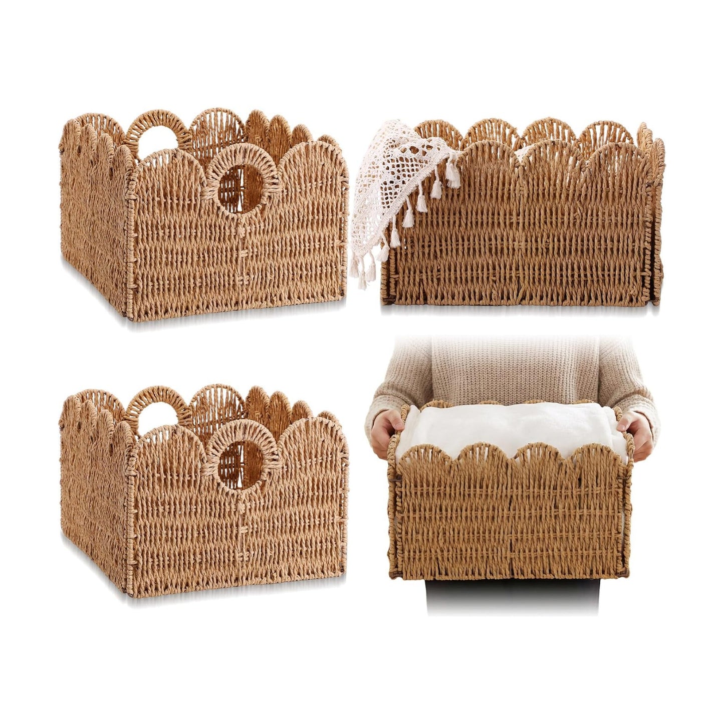 4 Packs Scalloped Wicker Storage Basket Paper Rope Pantry Baskets