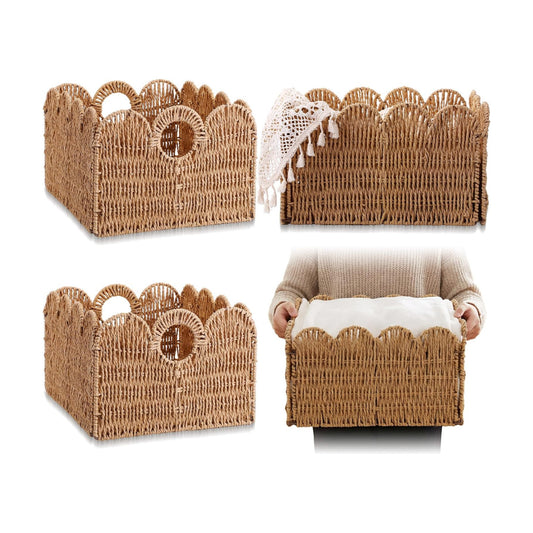 4 Packs Scalloped Wicker Storage Basket Paper Rope Pantry Baskets