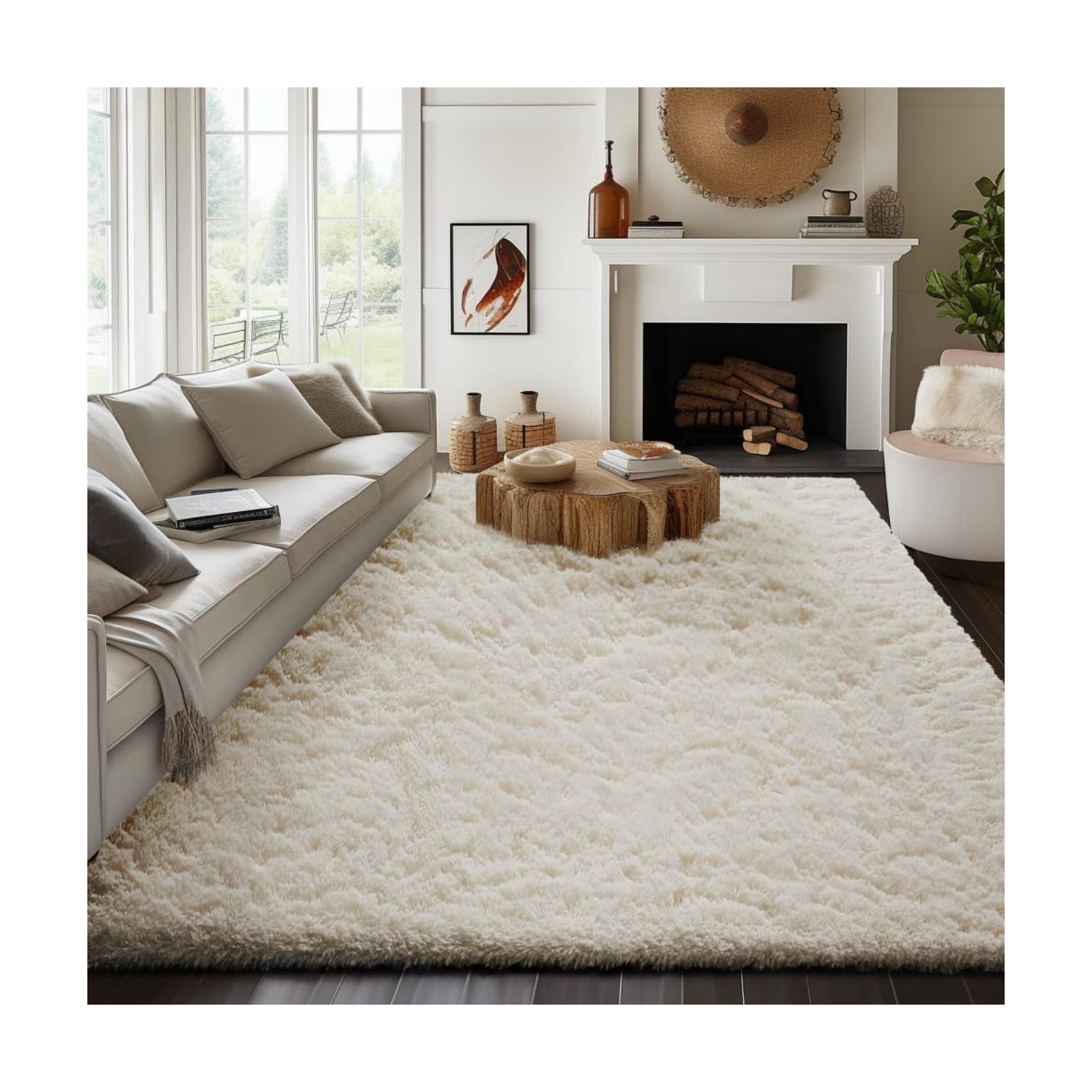Ophanie 7x10 Area Rugs for Living Room,Upgrade Non-Slip Fluffy Soft Large Shag Bedroom Carpet,Ivory Big Indoor Thick