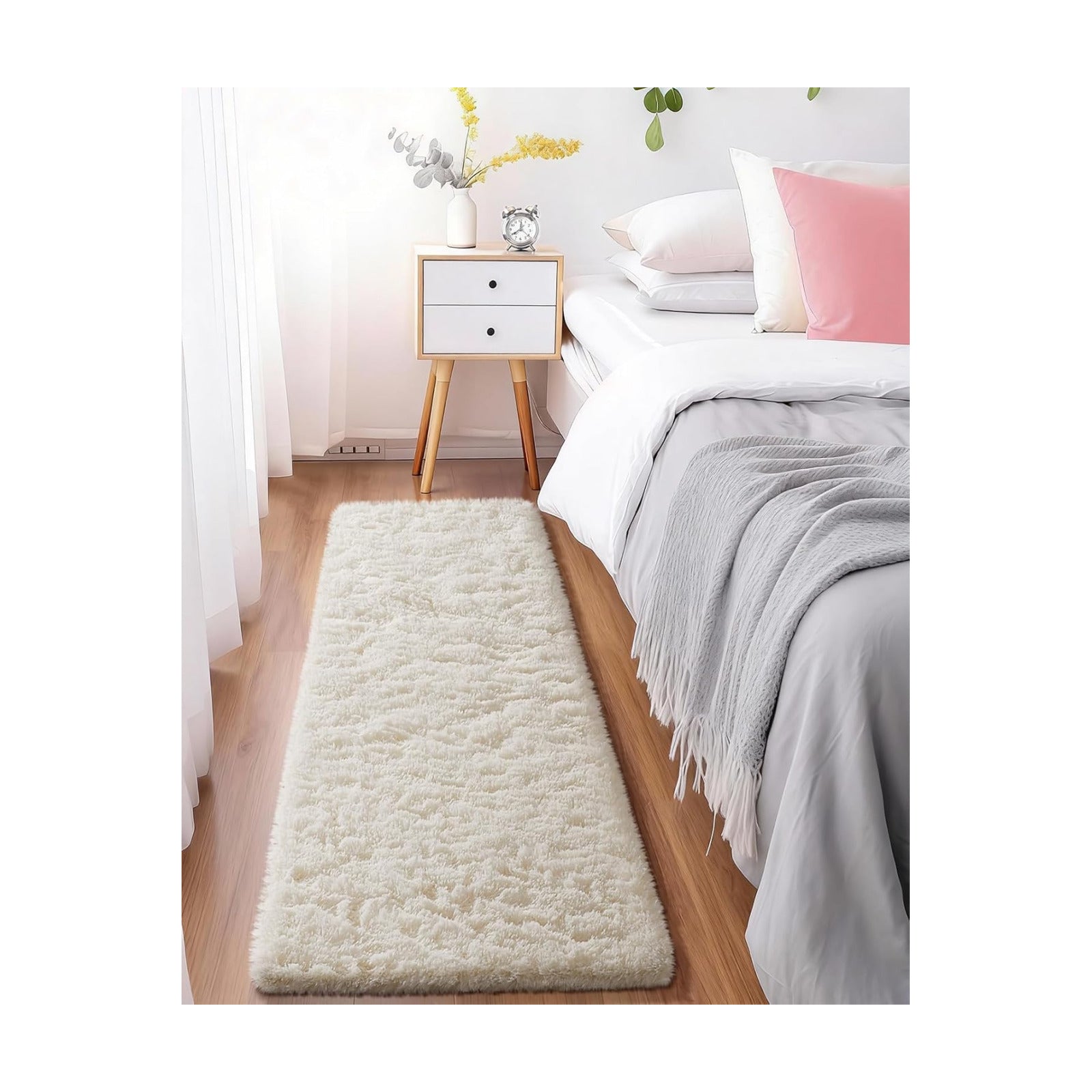 Ophanie Runner Rug for Hallway, 2x5 Upgrade Non-Slip Fluffy Soft Bedside Rugs, Bedroom Living Room Ivory Shaggy Carpet