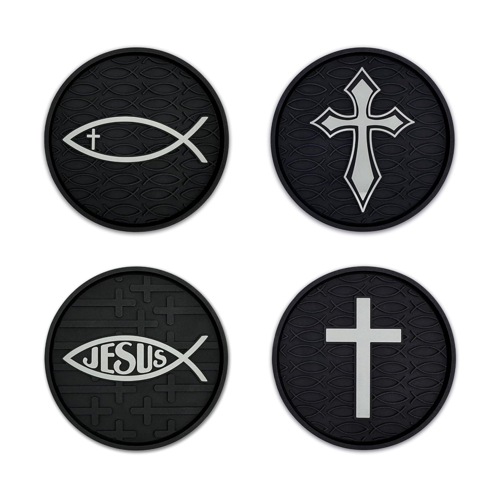 Christian Jesus Fish and Crosses Textured 3D Automotive Religious / Religious 4-pack / Set of 4