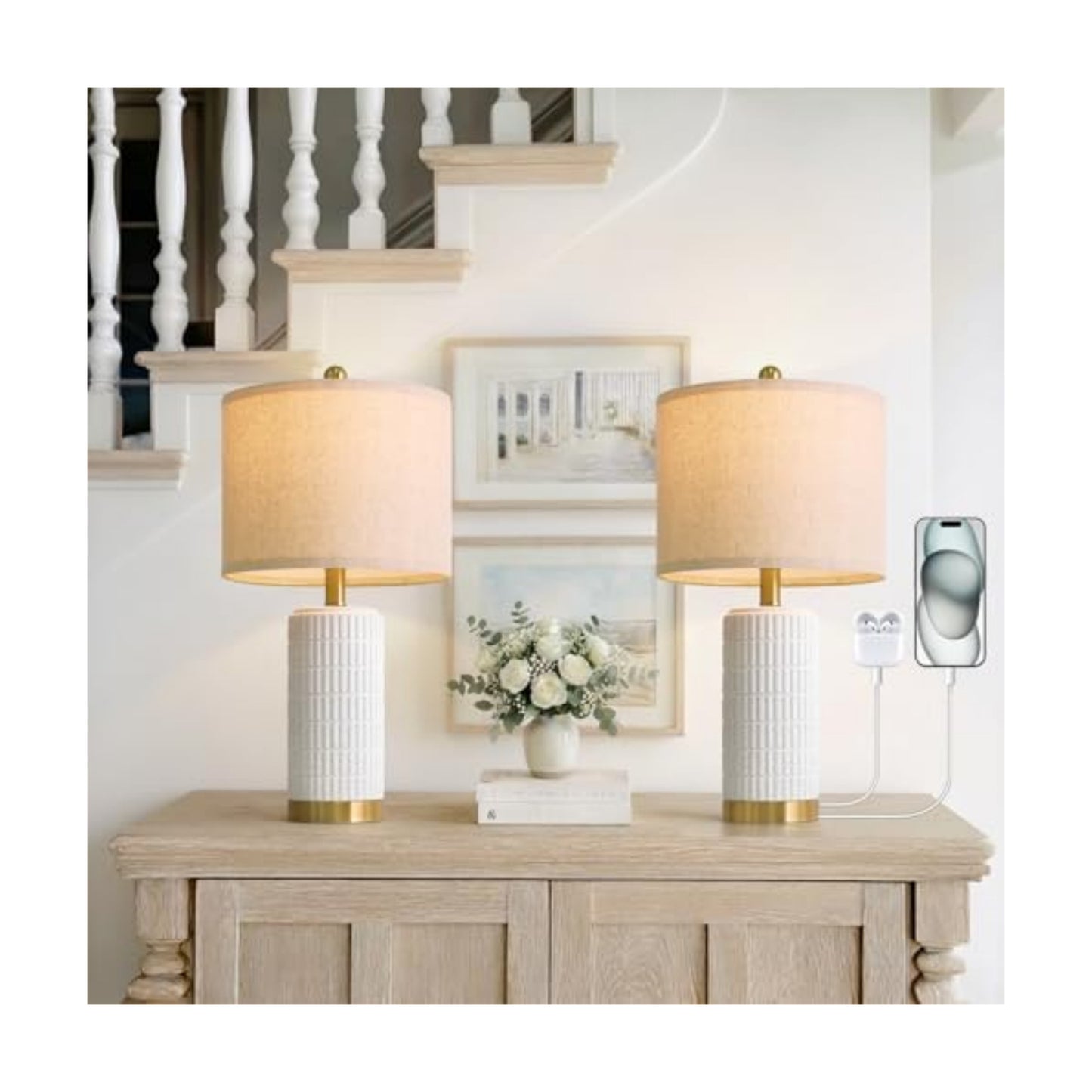 PoKat 21.5'' Stone-Like Bedside Table Lamps Set of 2 for Bedroom with 2 USB A+C, Modern Lamps for Living Room, Ceramic