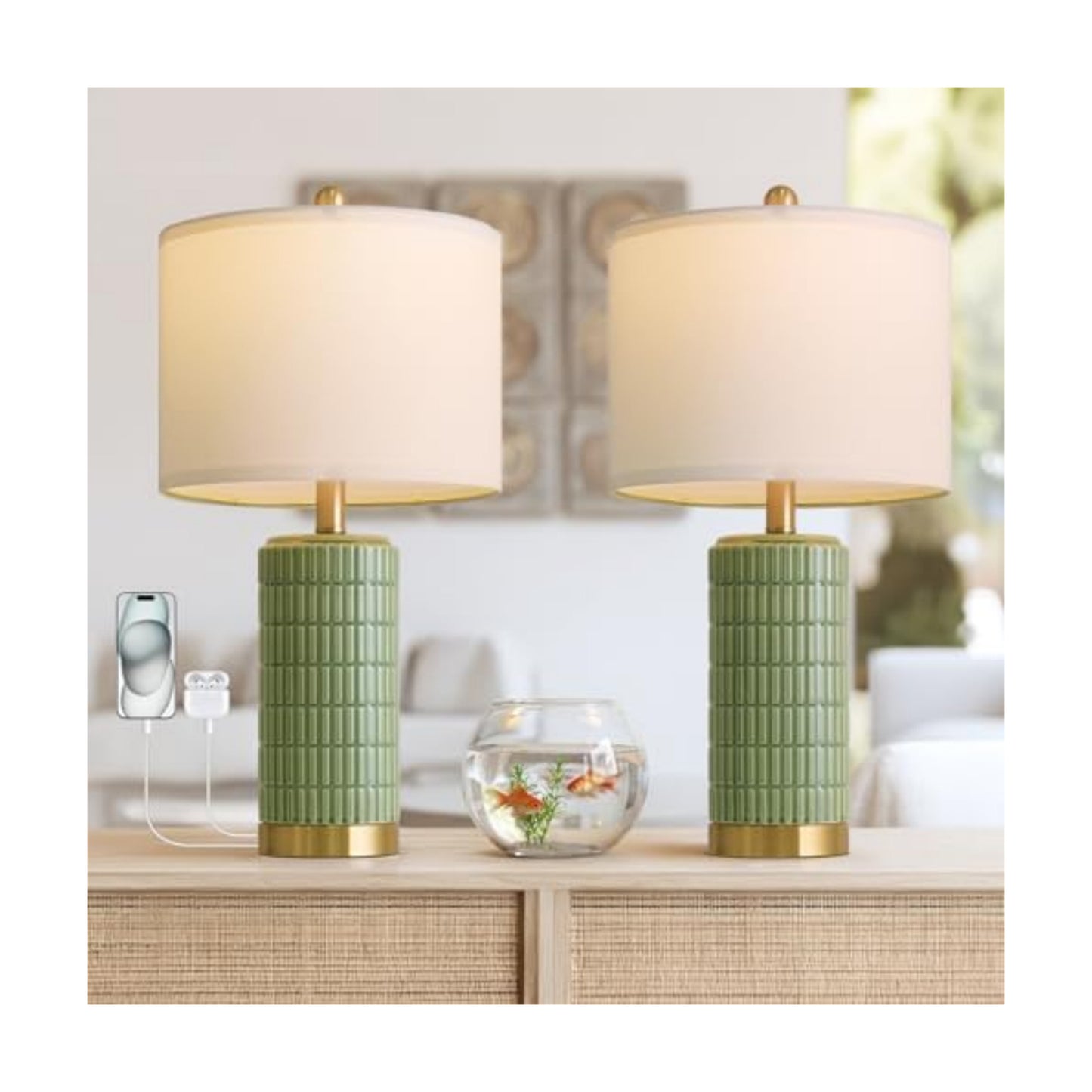 PoKat Bedside Table Lamps Set of 2 for Living Room with 2 USB Ports, 21.5'' Small Modern Nightstand Lamps for Bedroom