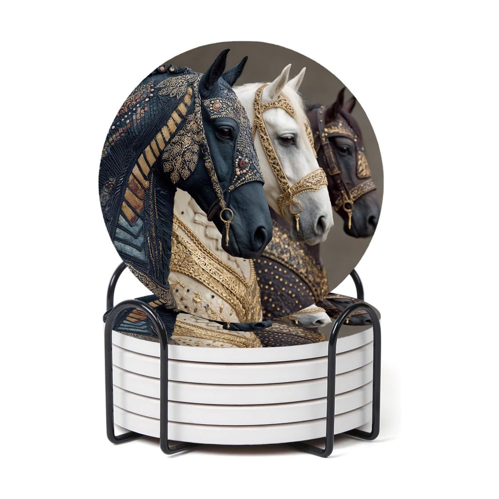 Metal Holder and Cork Base / Black White Brown Horses / Set of 6