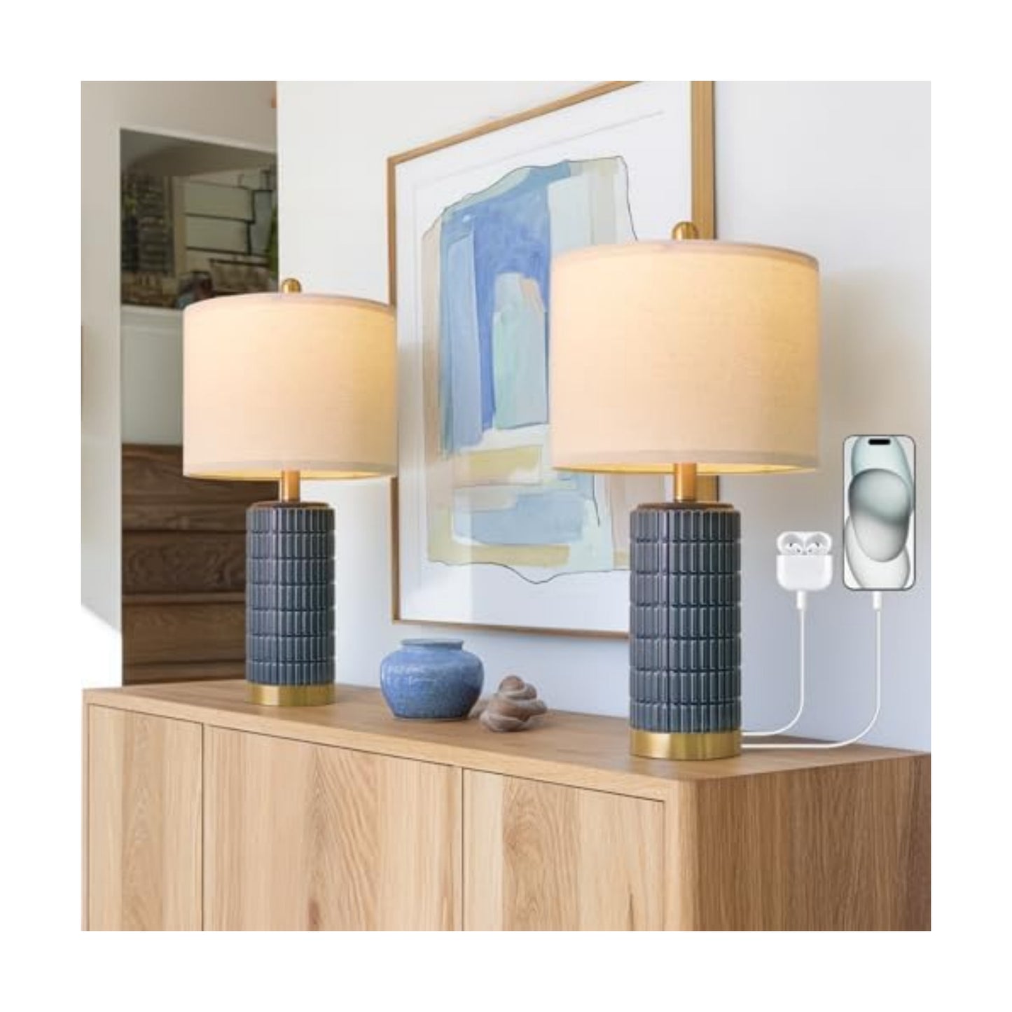 PoKat 21.5'' Bedside Table Lamps Set of 2 with USB A+C Ports for Living Room, Ceramic Modern Lamps for Bedroom, Small