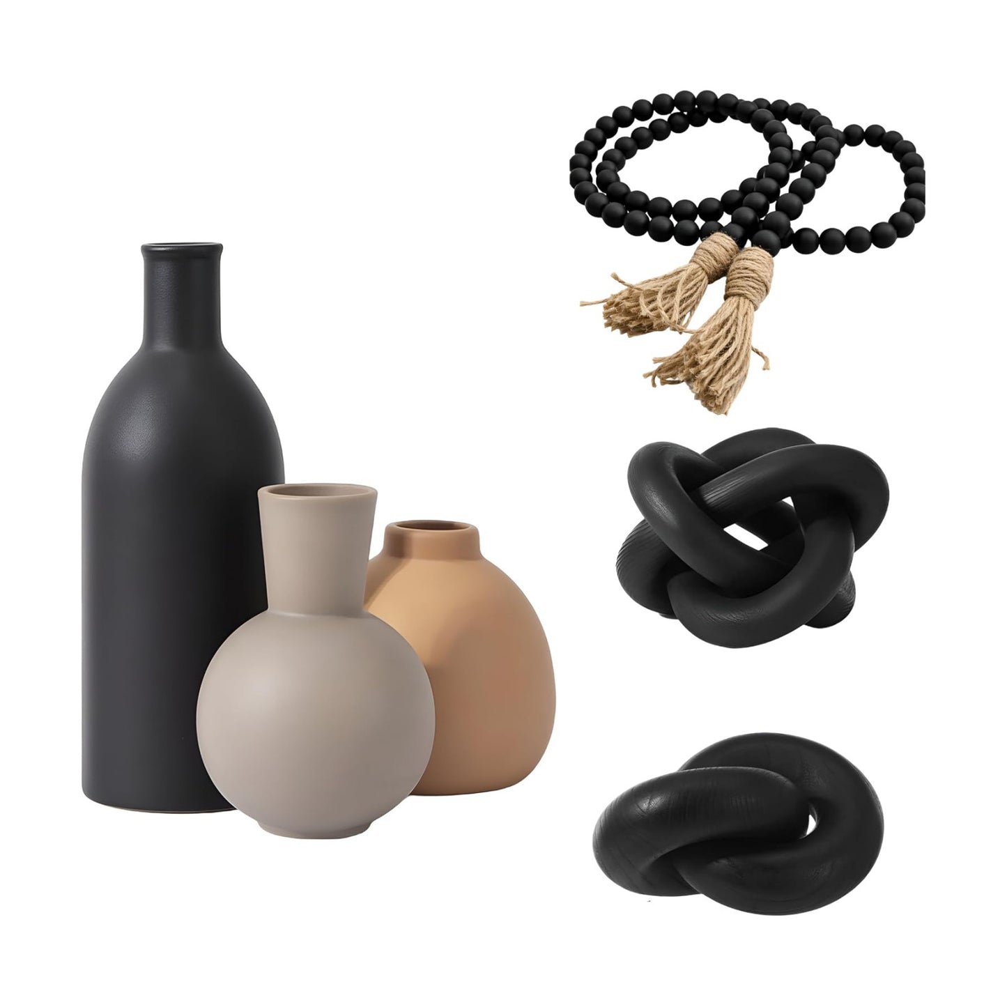Ceramic Vase and Link Wood Knot Decor Coffee Table Decoration Boho Rustic Pottery / Black / Set of 5