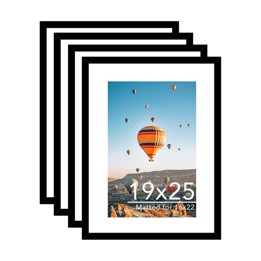 JCJMY 19x25 Picture Frame with 16x22 Mat Set of 4, Display Photo 16x22 with Mat or 19 x 25 Without Mat, Wall Hanging