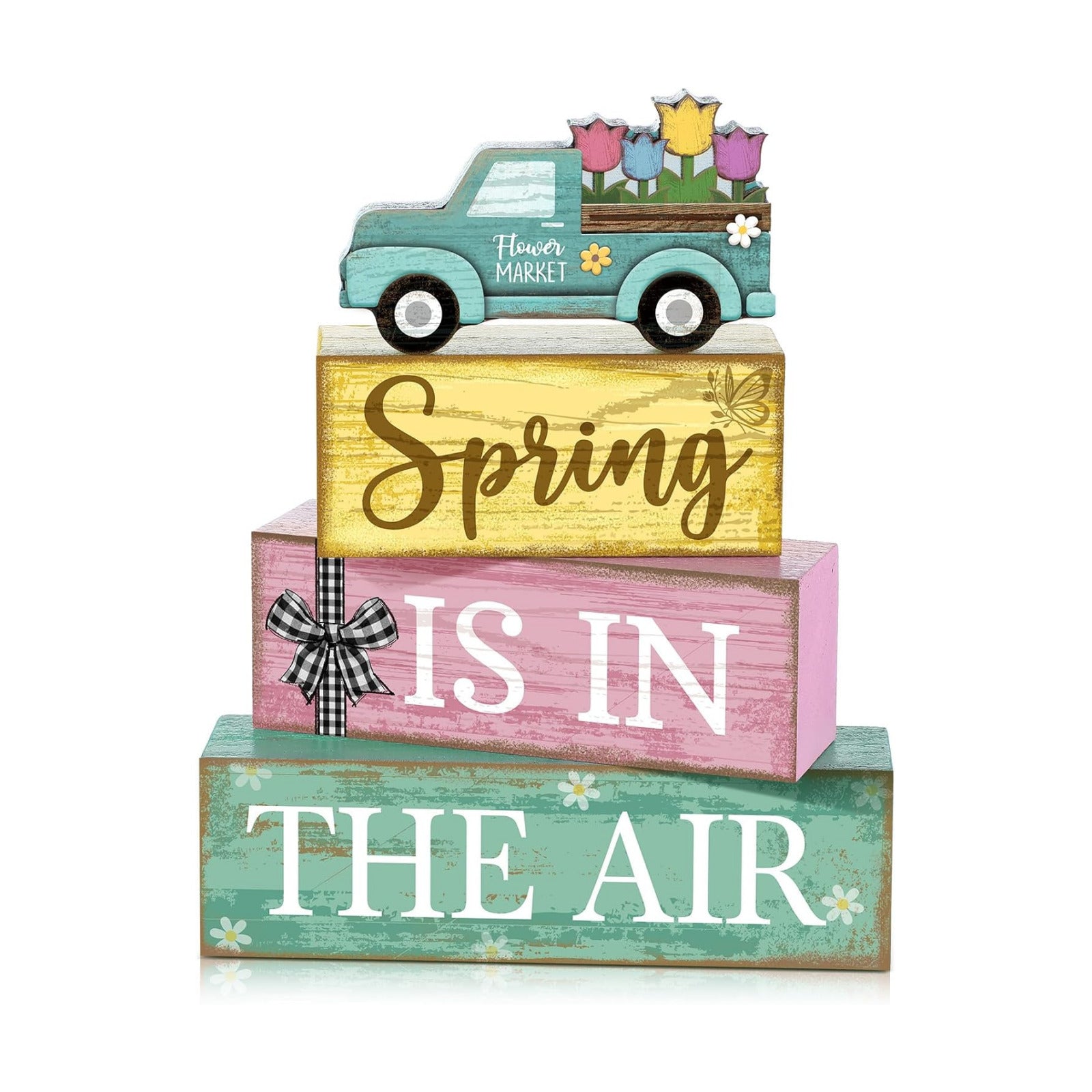 Moucuny 4 Pcs Spring Wooden Block Signs Farmhouse Table Centerpiece