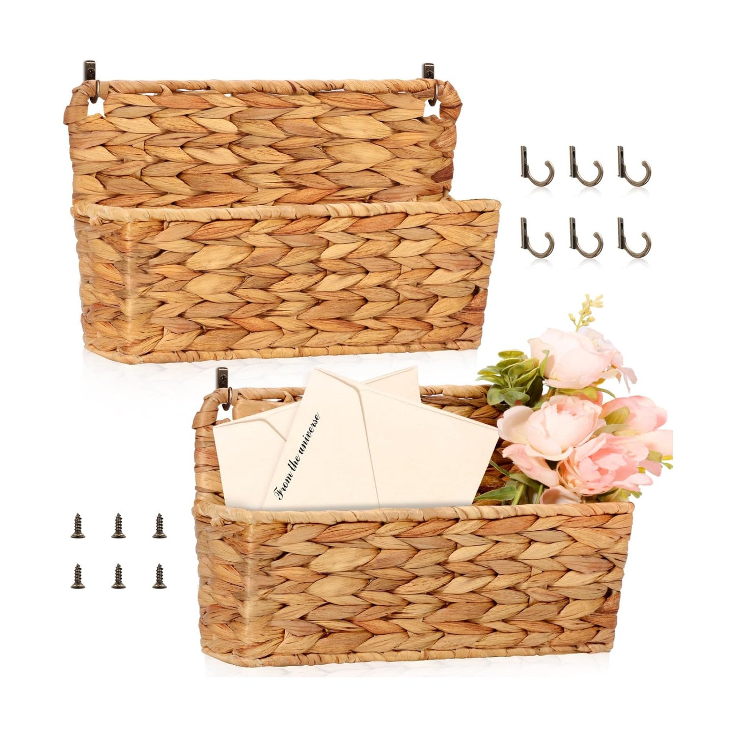Woven Mail Holder Wall Mount Basket Rattan Wall Letter Holder Wicker Wall / 9.25 x 1.57 / Set of 2