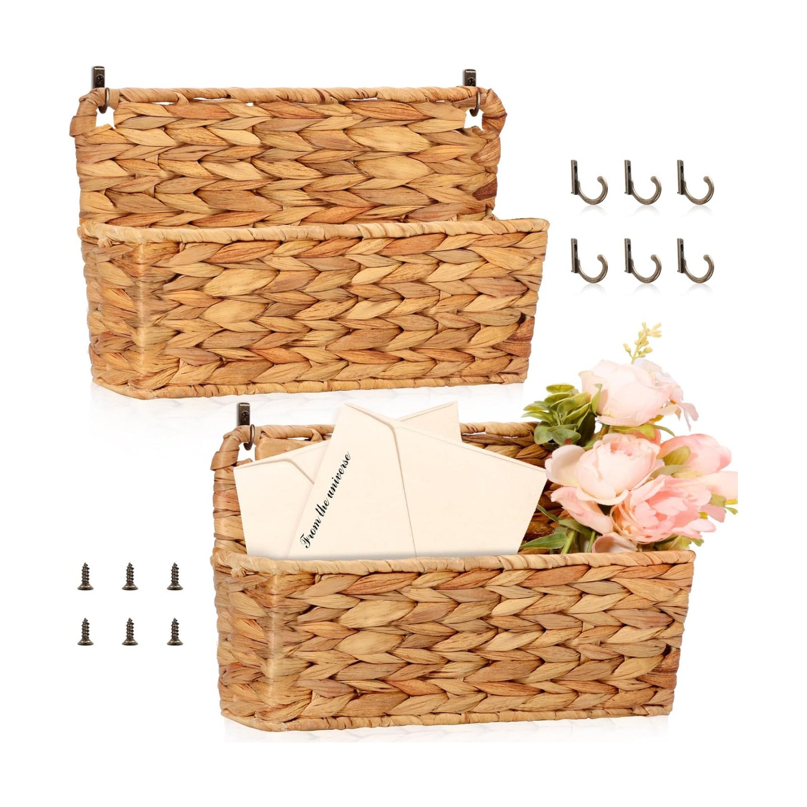 Woven Mail Holder Wall Mount Basket Rattan Wall Letter Holder Wicker Wall / 9.25 x 1.57 / Set of 2