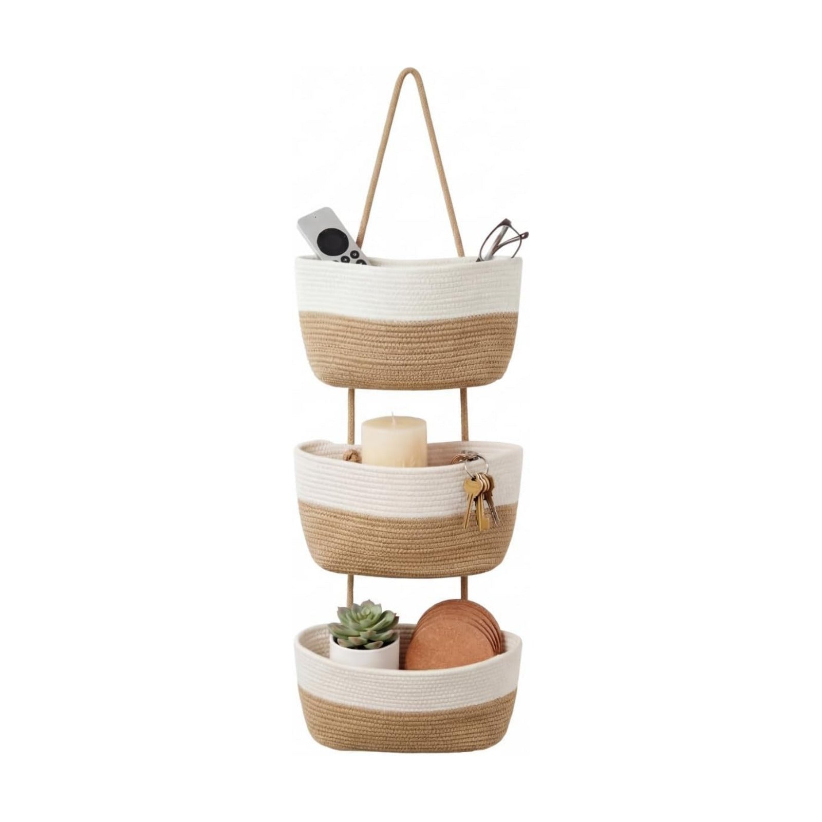 Hooks / Hanging Wall Basket / White&jute