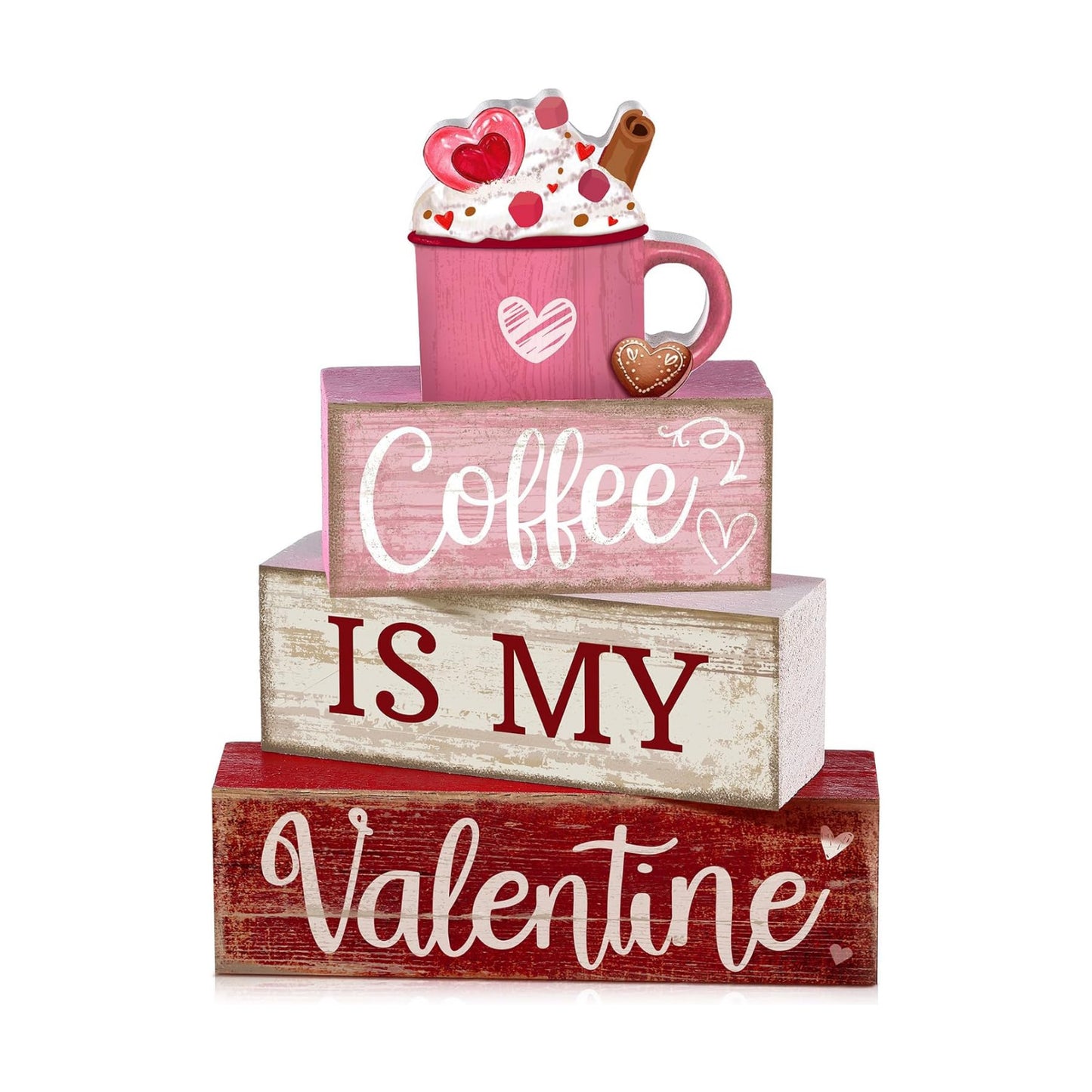 Lineshading 4 Pcs Valentine Coffee Wood Block Signs, Tiered Tray Decor