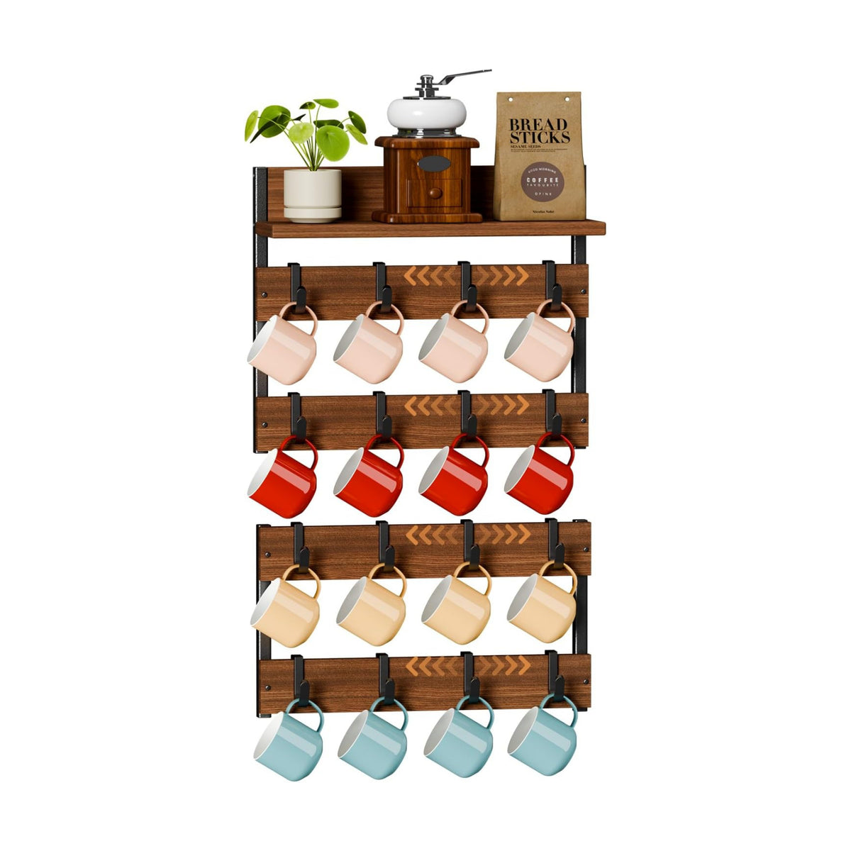 2-in-1 Coffee Cup Holder Wall Mounted with 16 Adjustable Hooks | 4-Tier Coffee Mug Holder Wall Mount with Display