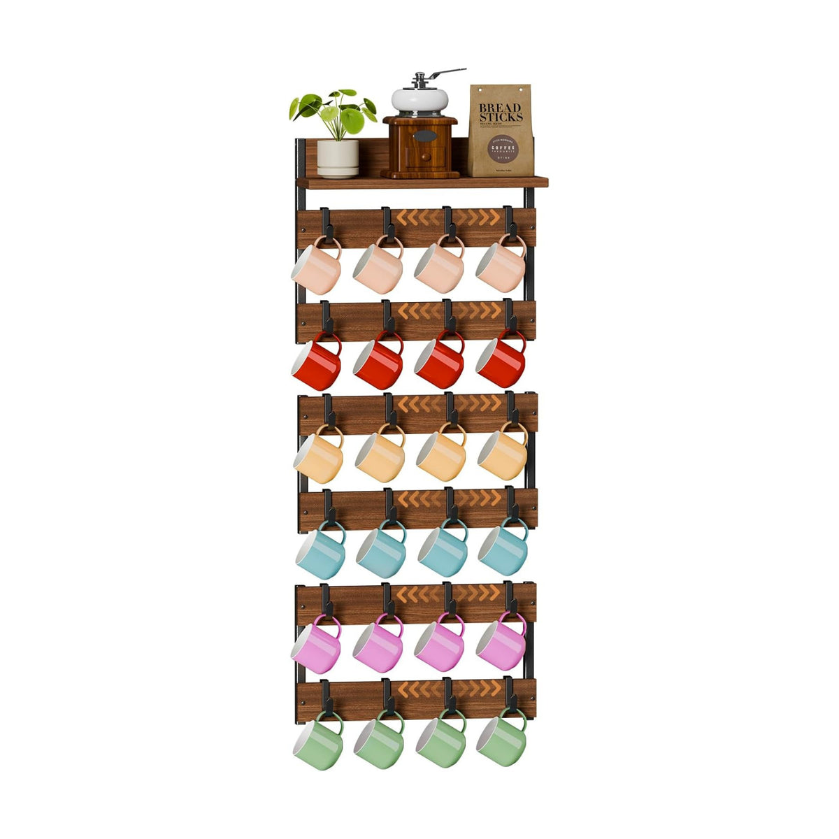 Mug Rack for Wall, Coffee Cup Holder Wall Mount with 24 Adjustable Hooks | Coffee Mug Holder with Top Display Shelf for
