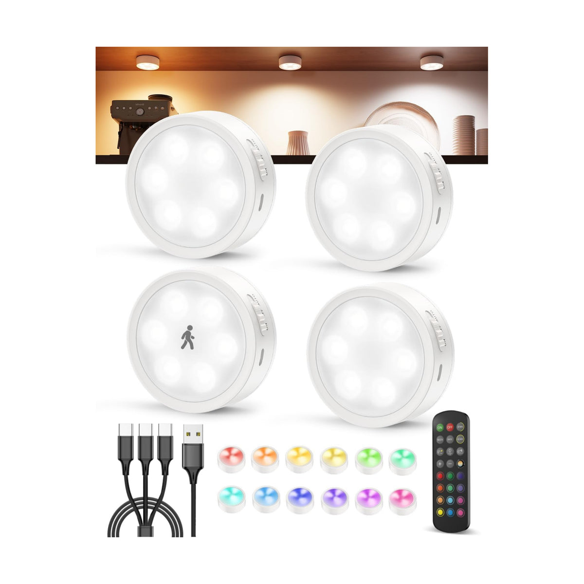 2400mAh USB Rechargeable Puck Lights, Motion Sensor Cabinet Lighting | RGB Color Changing, Magnetic, Timer, Wireless