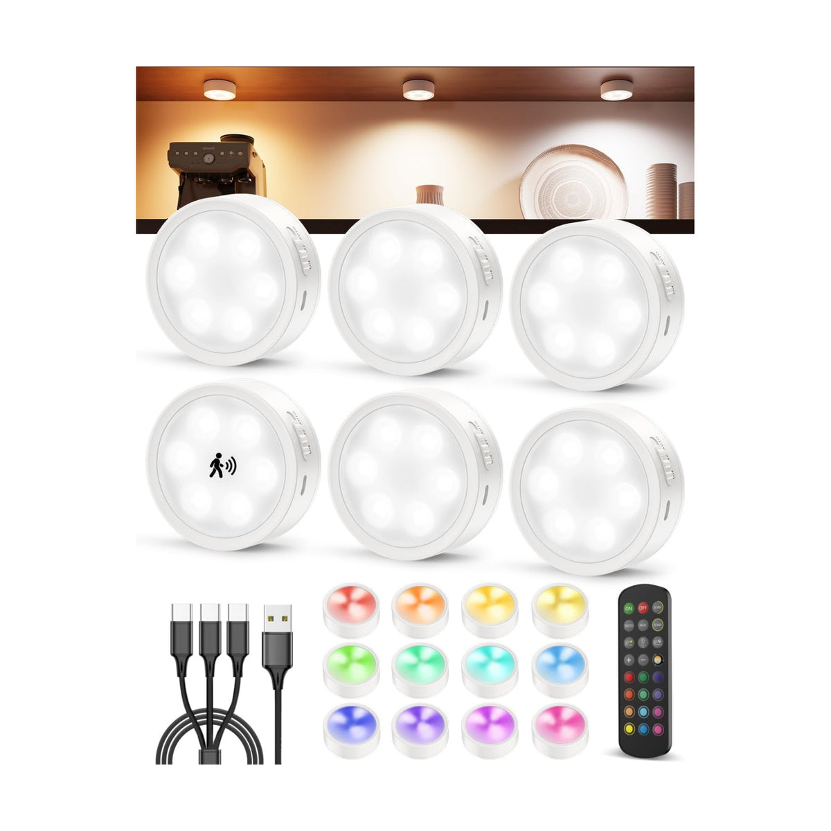 2400mAh USB Rechargeable Puck Lights, RGB Motion Sensor Closet Light | Color Changing, Magnetic,Timer, Wireless Stick