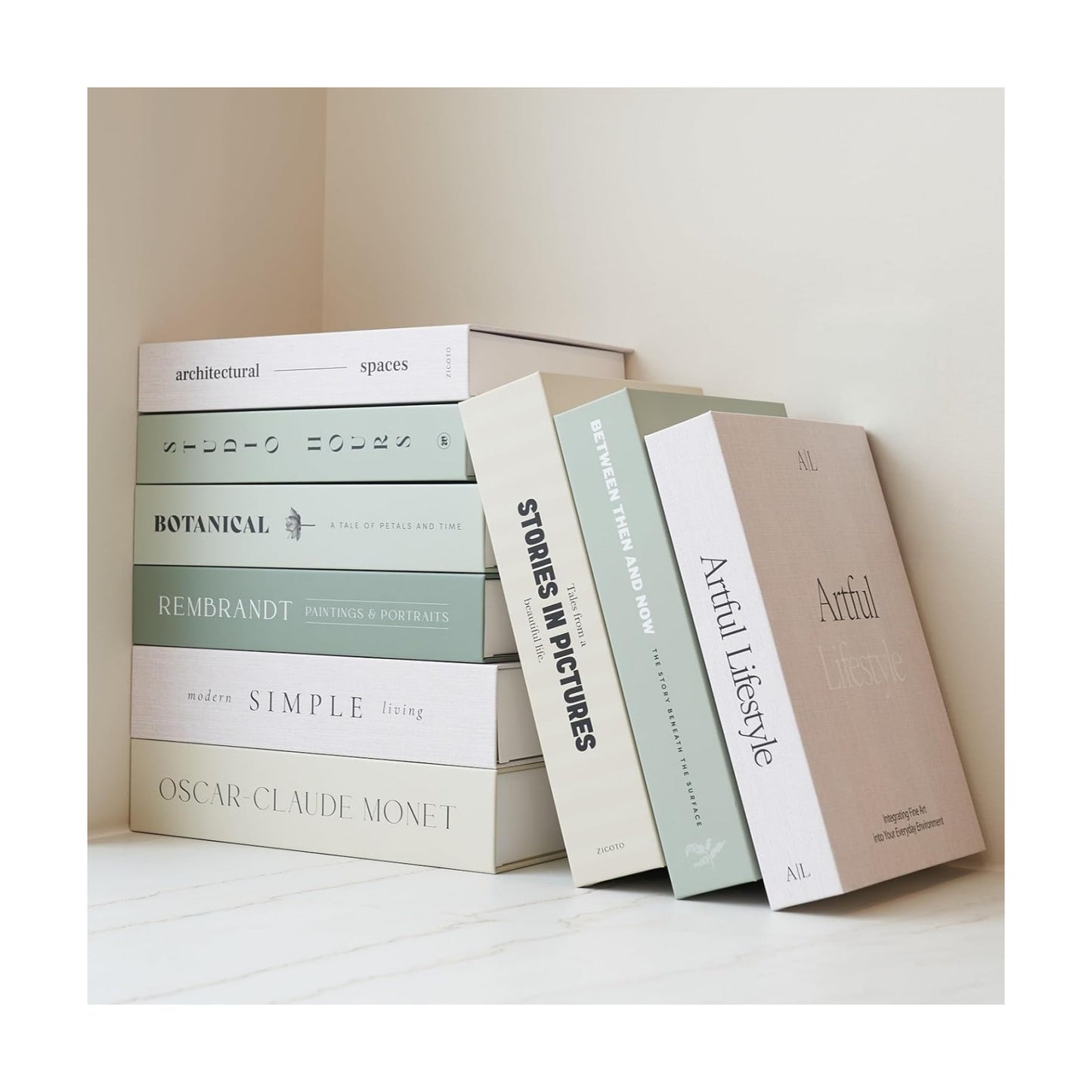 Decorative Books / Boxes Coffee Table / Sage / Set of 9