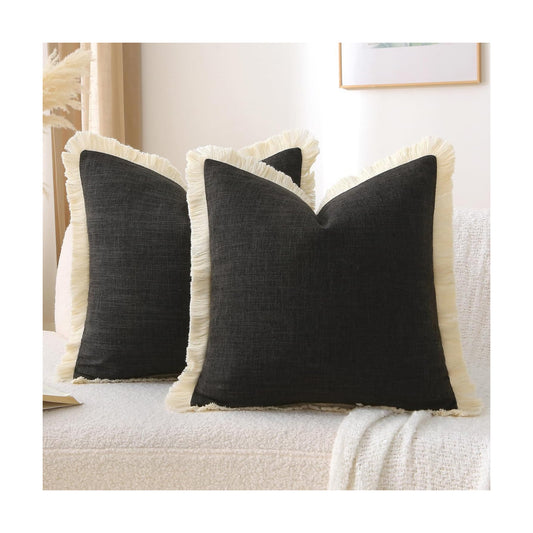 Boho Burlap Decorative Throw Pillow Covers / Black / 18 x 18 / Set of 2