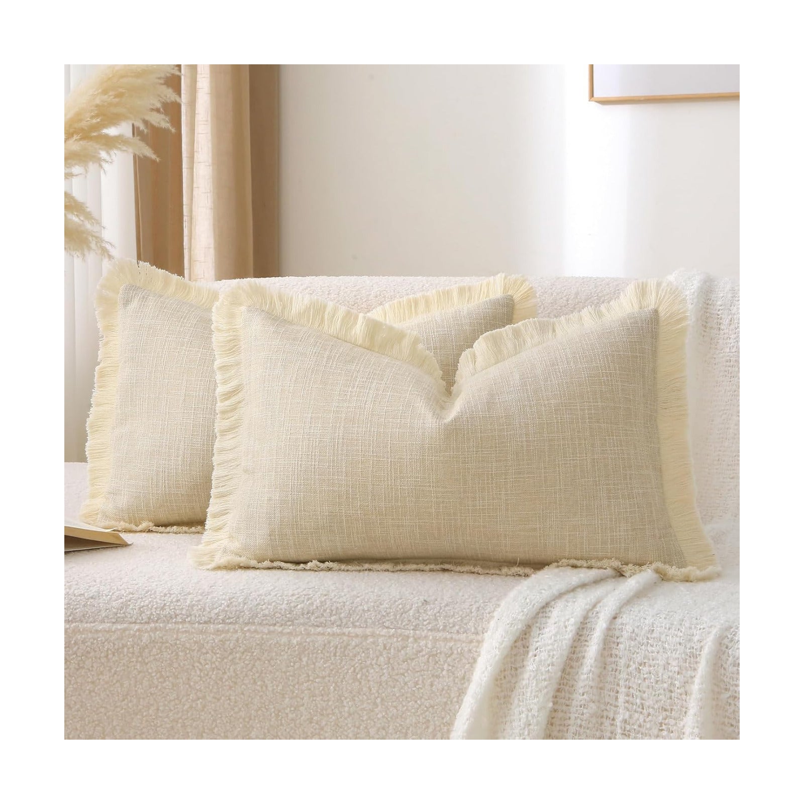 Natural Boho Burlap Fringe Decorative Throw Pillow Covers Rectangle / Beige / 20 x 12 / Set of 2