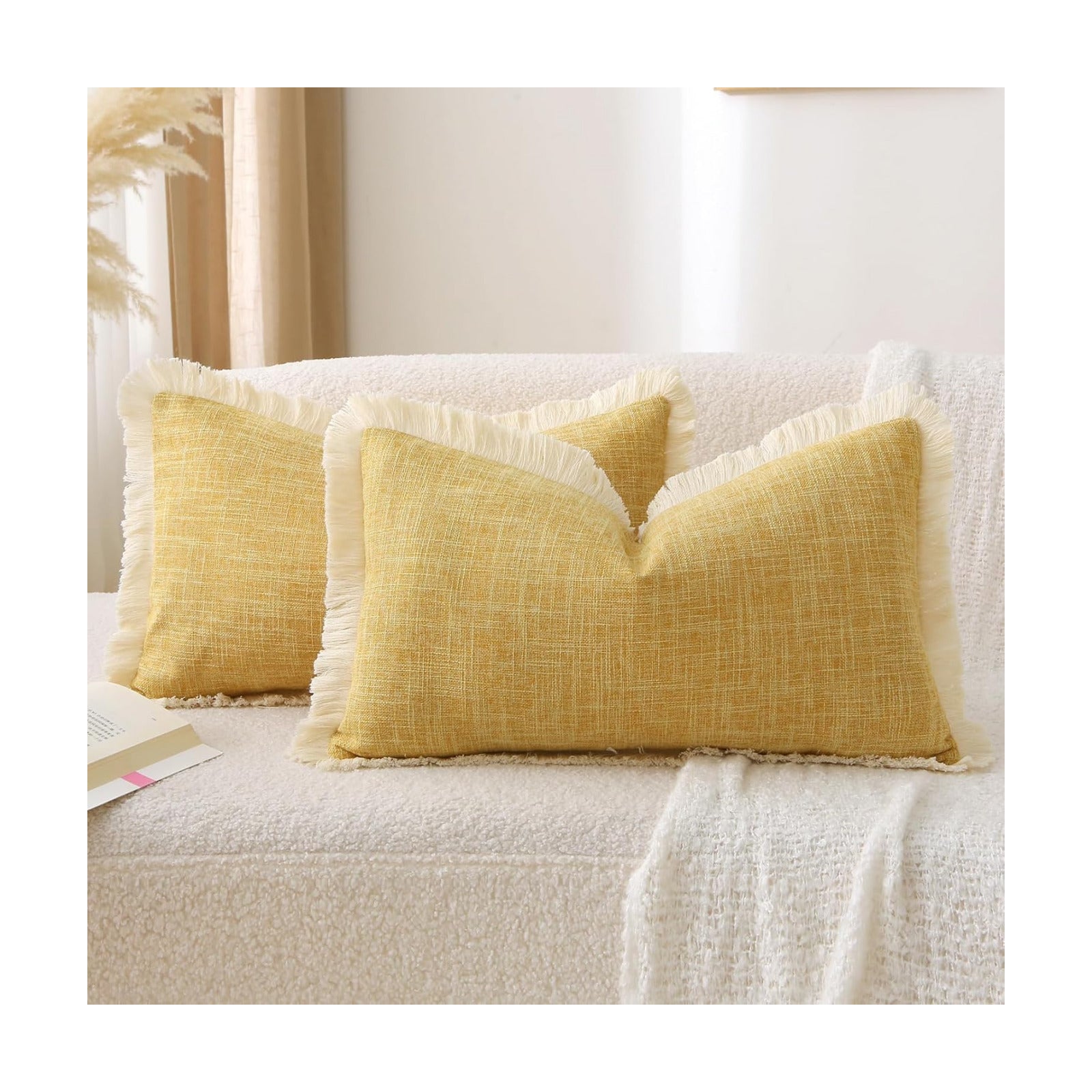 Boho Burlap Decorative Throw Pillow Covers Tassels Rectangle / Mustard Yellow / 20 x 12 / Set of 2