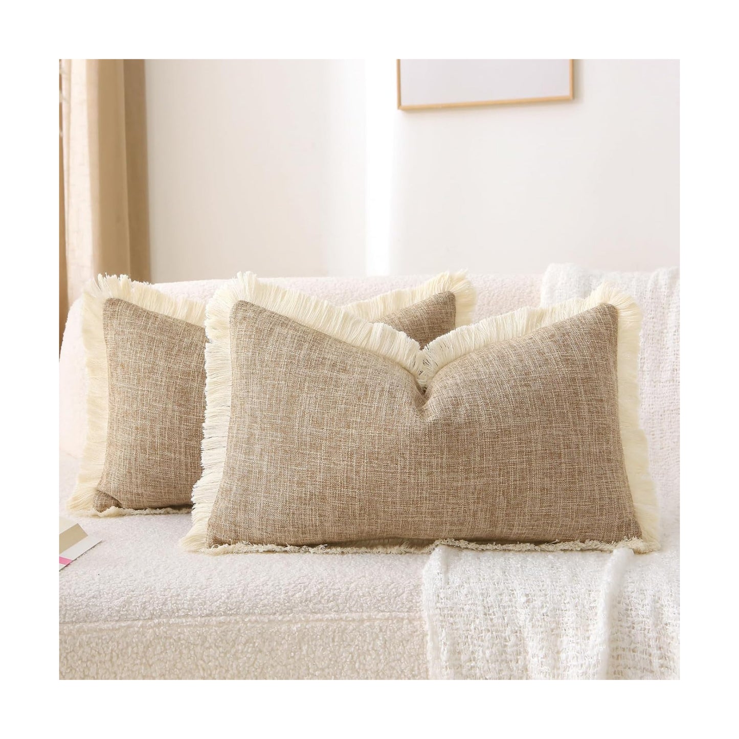 Khaki Boho Burlap Fringe Decorative Throw Pillow Covers Rectangle / Taupe / 20 x 12 / Set of 2