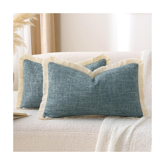 Boho Decorative Throw Pillow Covers Tassels Rectangle Linen Lumbar / Gray Blue / 20 x 12 / Set of 2