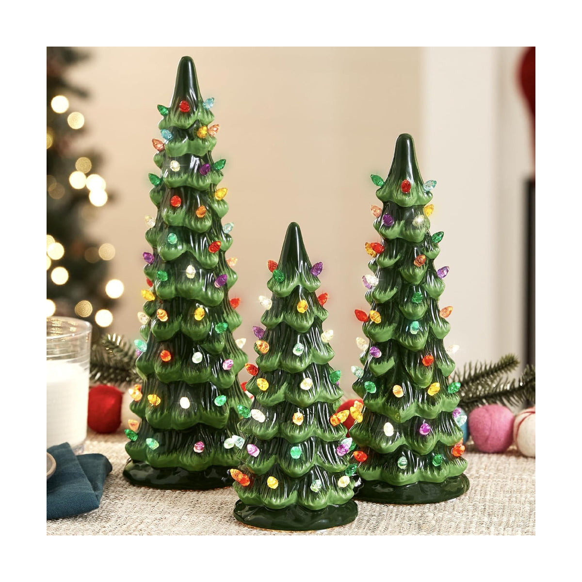 Best Choice Products Set of 3 XL Ceramic Christmas Trees, Pre-Lit Hand-Painted Tabletop Holiday Décor w/Multicolor Bulbs, LED Lights – Green