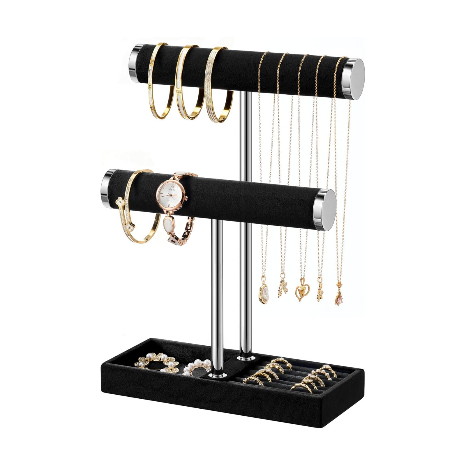 Detachable T Bar Velvet Bracelet Holder / Black and Silver