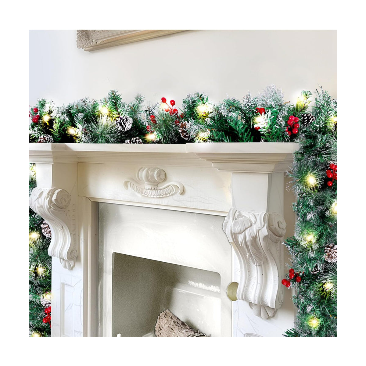 BlessedSeason 12FT Christmas Garland with Lights, Artificial Lighted Garland Indoor for Stairs, Fireplace, 65 Lights Green Garland, Cones & Red Berries & Pine Needle