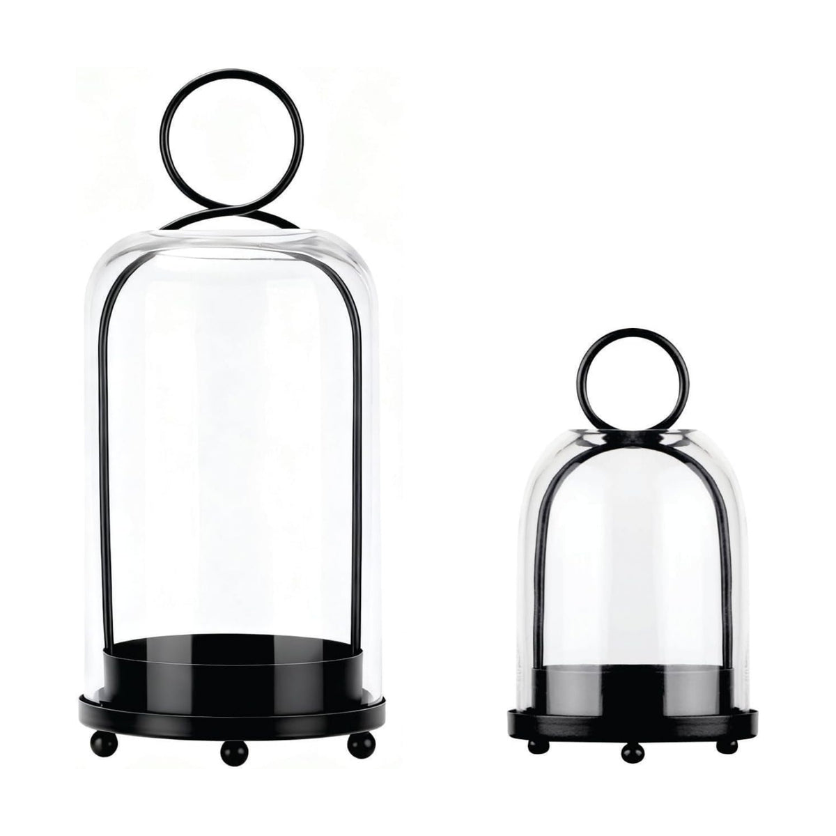 6" & 4" Wide Versatile Modern Metal Hurricane Lantern with Handmade Sturdy Glass Dome in Black for Pillar Candle &