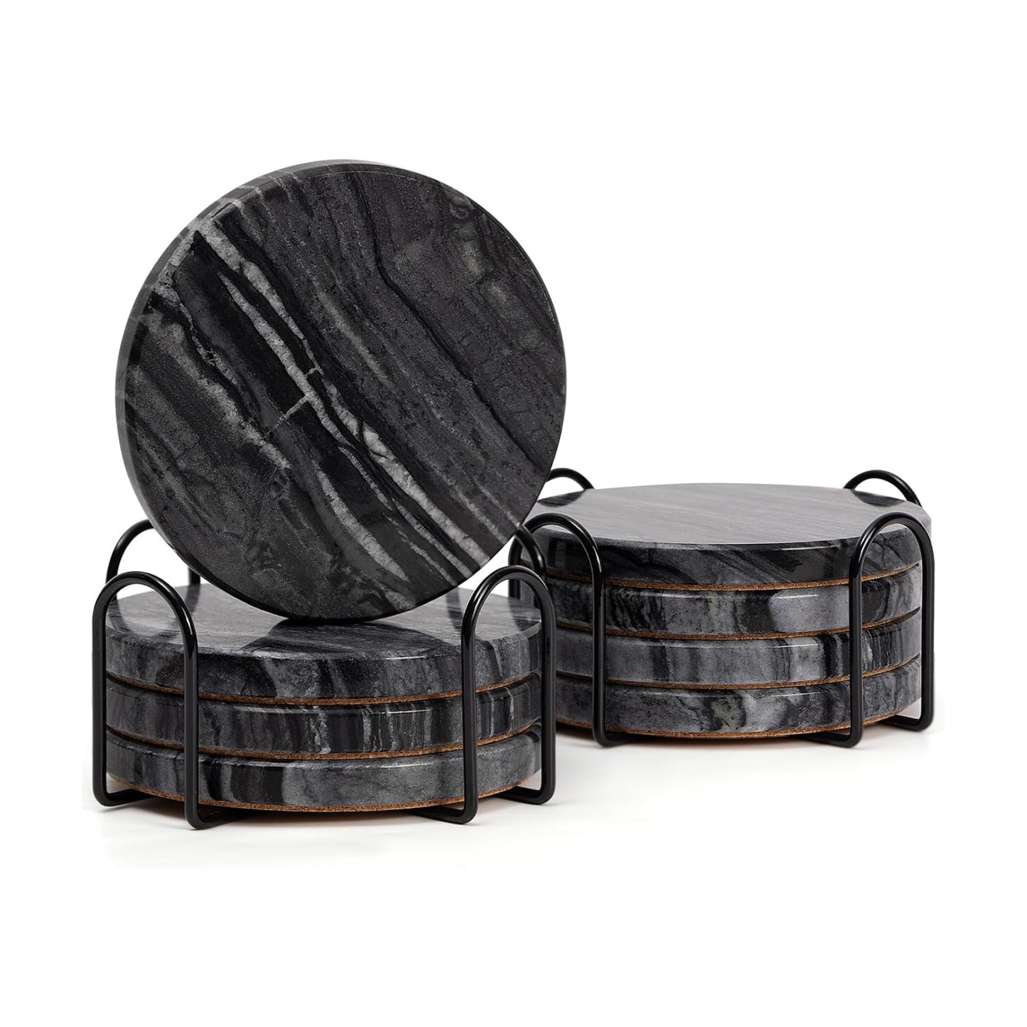 2 Holders / Black Marble Coasters / Natural Black / Set of 8