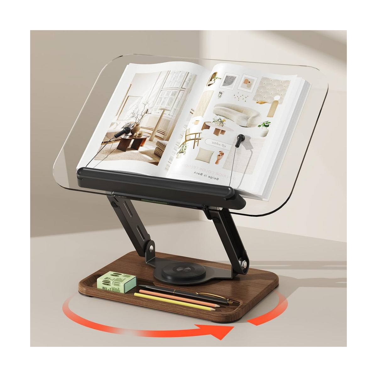 BYMECOST Acrylic Book Stand for Reading, 360°Rotating Book Holder, Black | Adjustable Height and Angle with Pen Slot