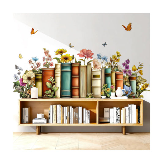 Flowers Books Wall Decals Peel and Stick / Vintage, Dark Academia, Cottagecore, Literary, Rustic