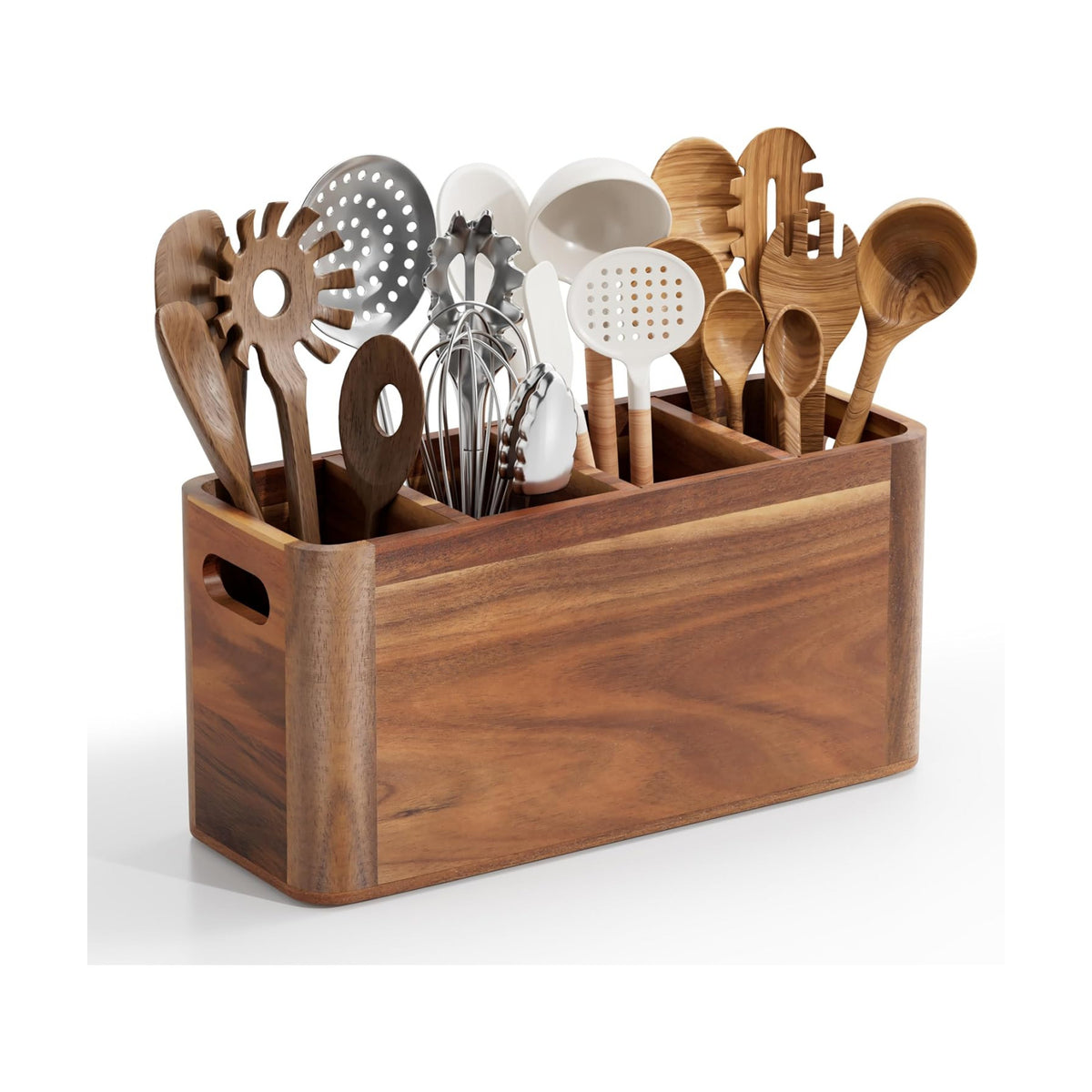 ZUJJAFY Utensil Holder, Acacia Wood Kitchen Utensil Holder for Counter with 4 Compartments, Extra Large Wooden Kitchen