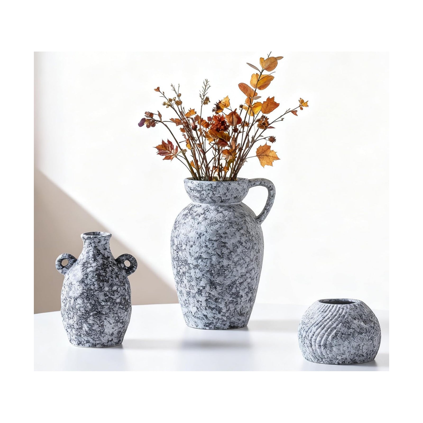 Black Ceramic Modern Rustic Farmhouse Vase Centerpiece / 16 Black & White / Set of 3