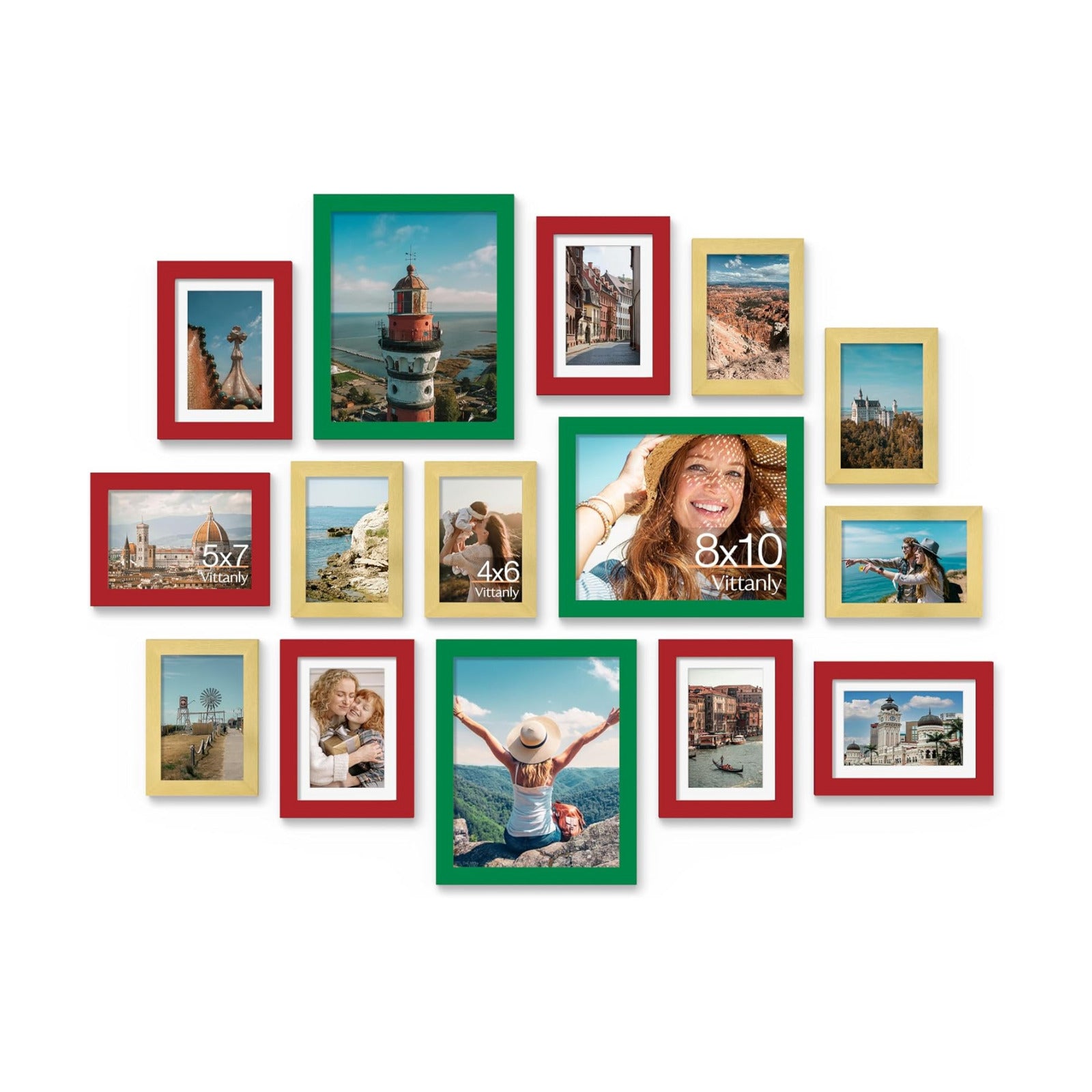 Vittanly 15 Pack Gallery Wall Frame Set, Green, Red, Gold
